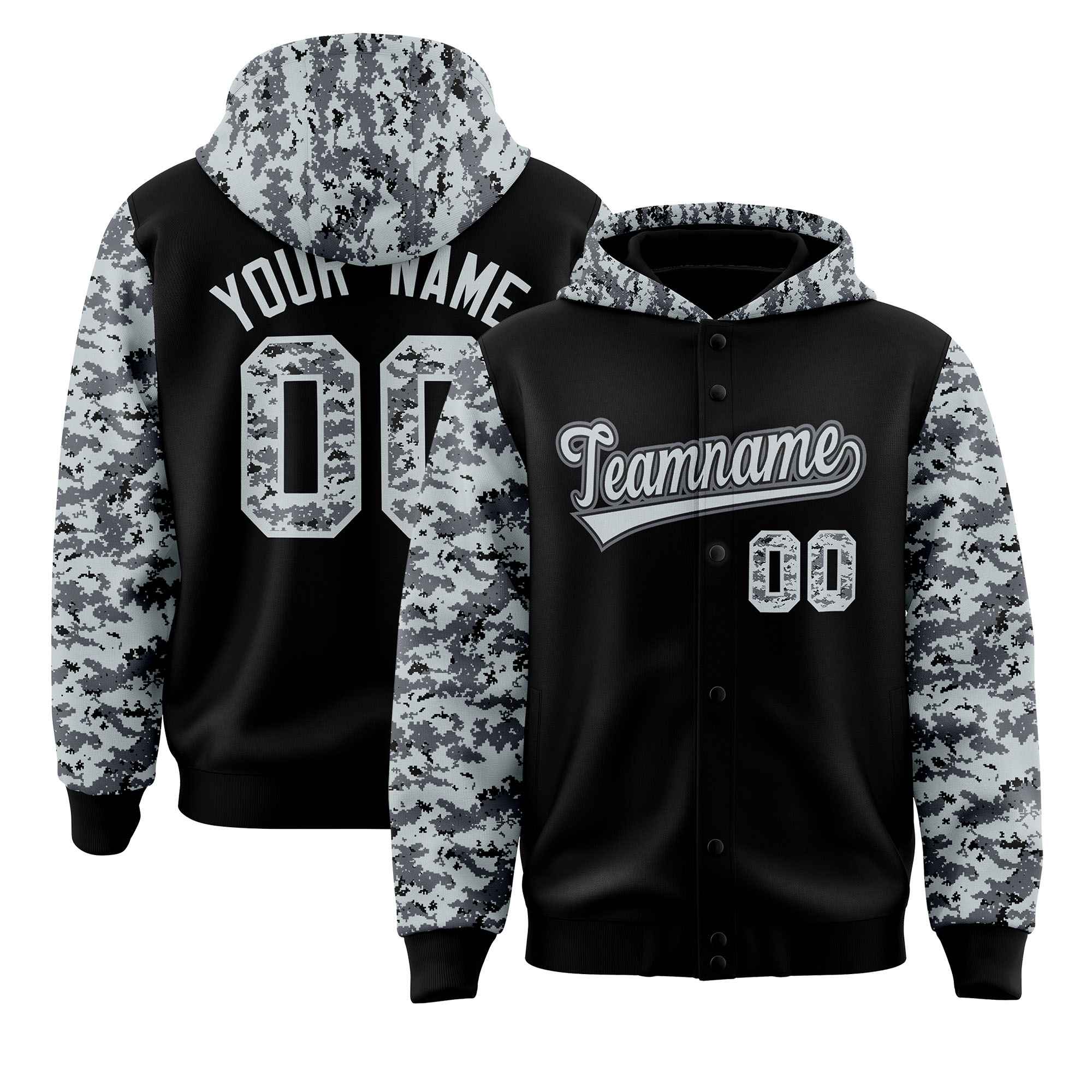 Custom Black Silver-Gray Raglan Sleeves Varsity Full-Snap Letterman Camo Jacket Hoodie| KXKSHOP