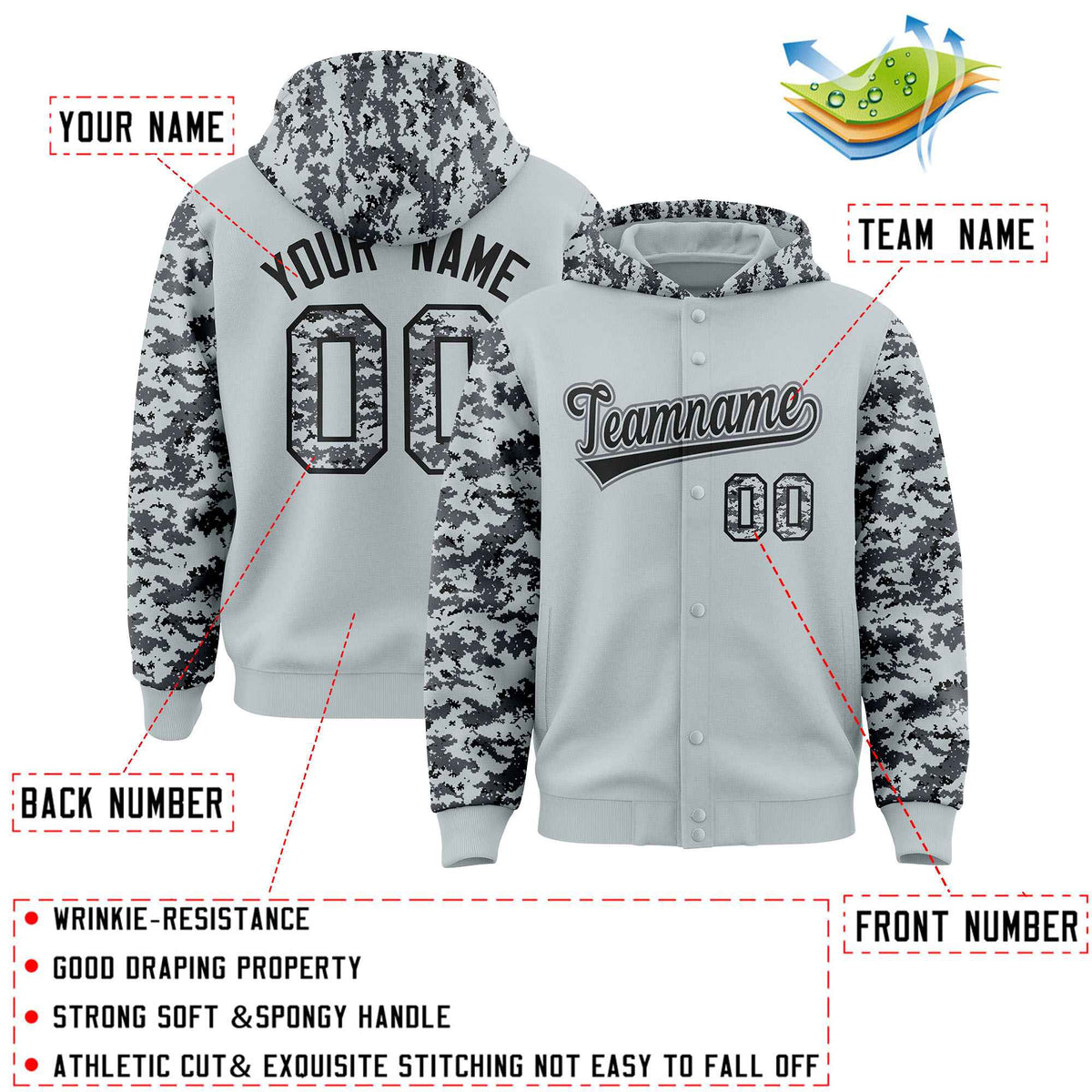 Custom Silver Gray-Black Raglan Sleeves Varsity Full-Snap Letterman Camo Jacket Hoodie| KXKSHOP