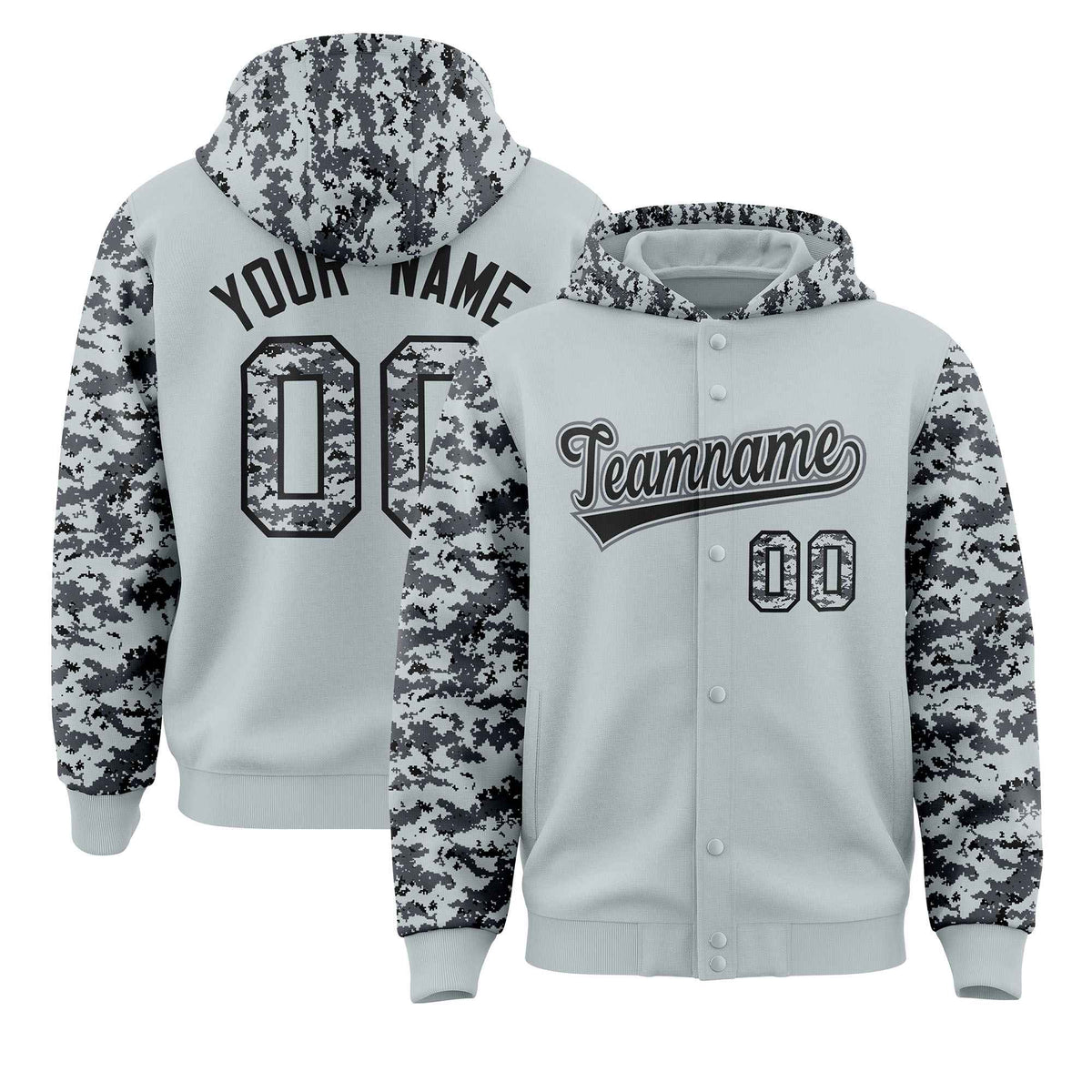 Custom Silver Gray-Black Raglan Sleeves Varsity Full-Snap Letterman Camo Jacket Hoodie| KXKSHOP