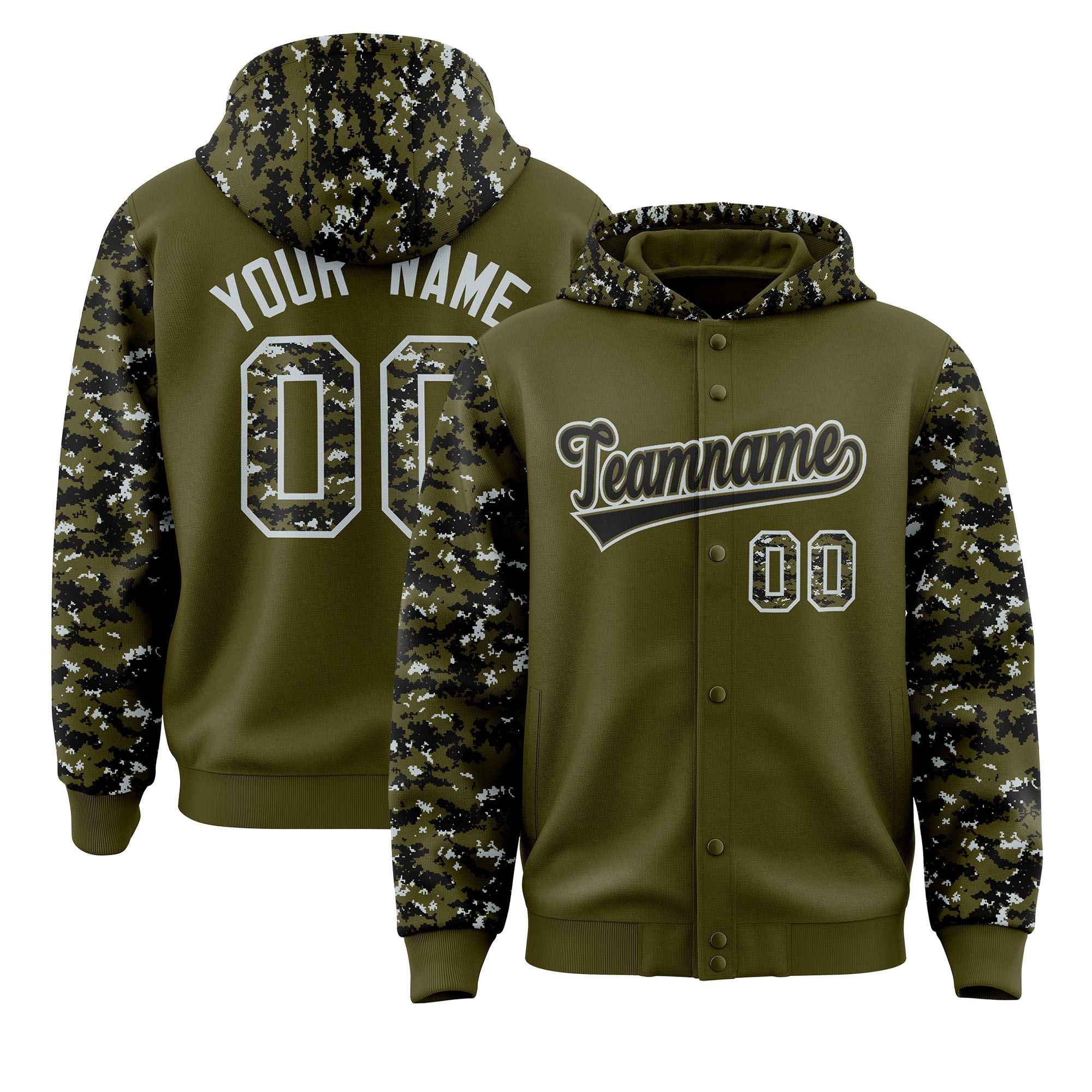 Custom Olive Black-Silver Raglan Sleeves Varsity Full-Snap Letterman Camo Jacket Hoodie| KXKSHOP