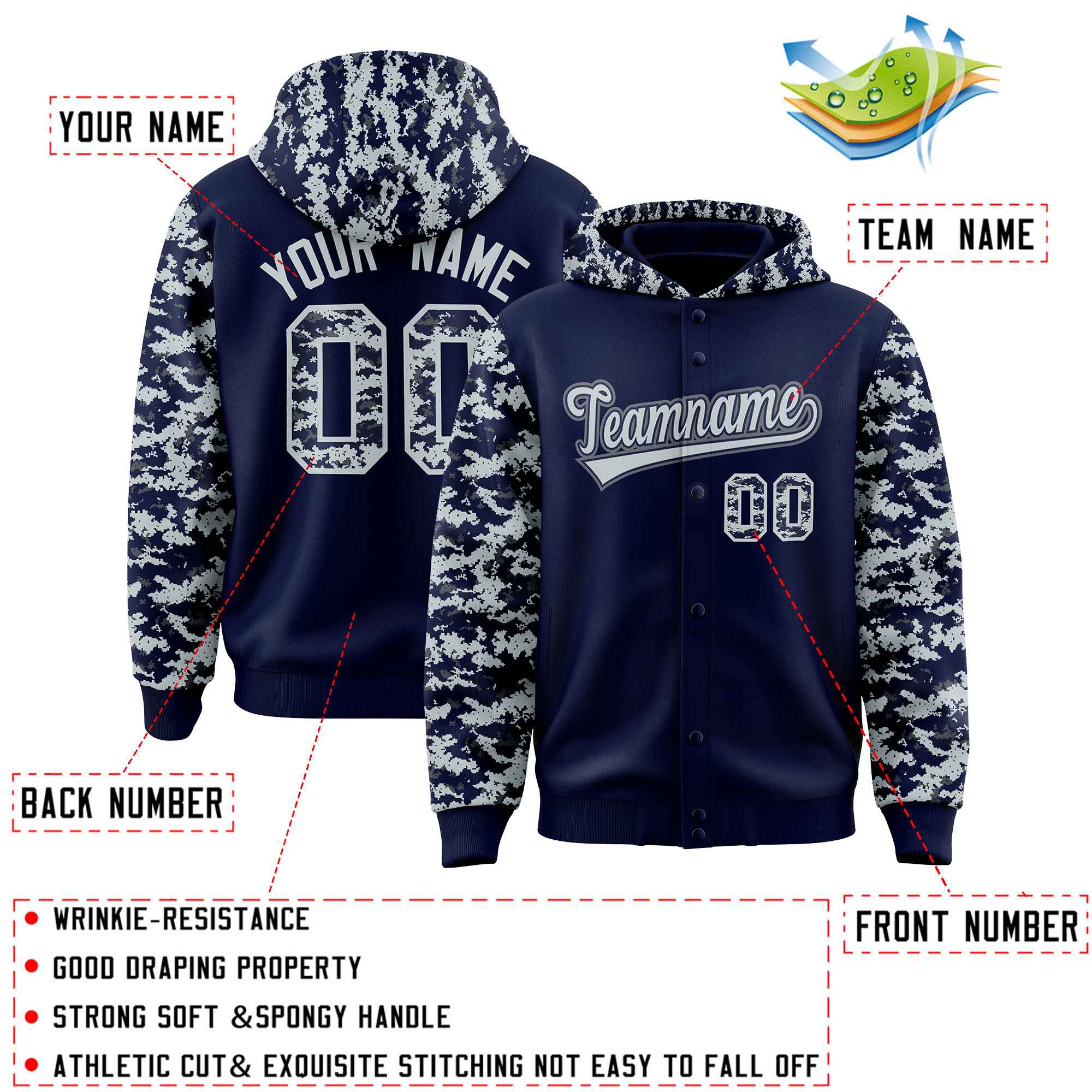 Custom Navy Silver-Gray Raglan Sleeves Varsity Full-Snap Letterman Camo Jacket Hoodie| KXKSHOP