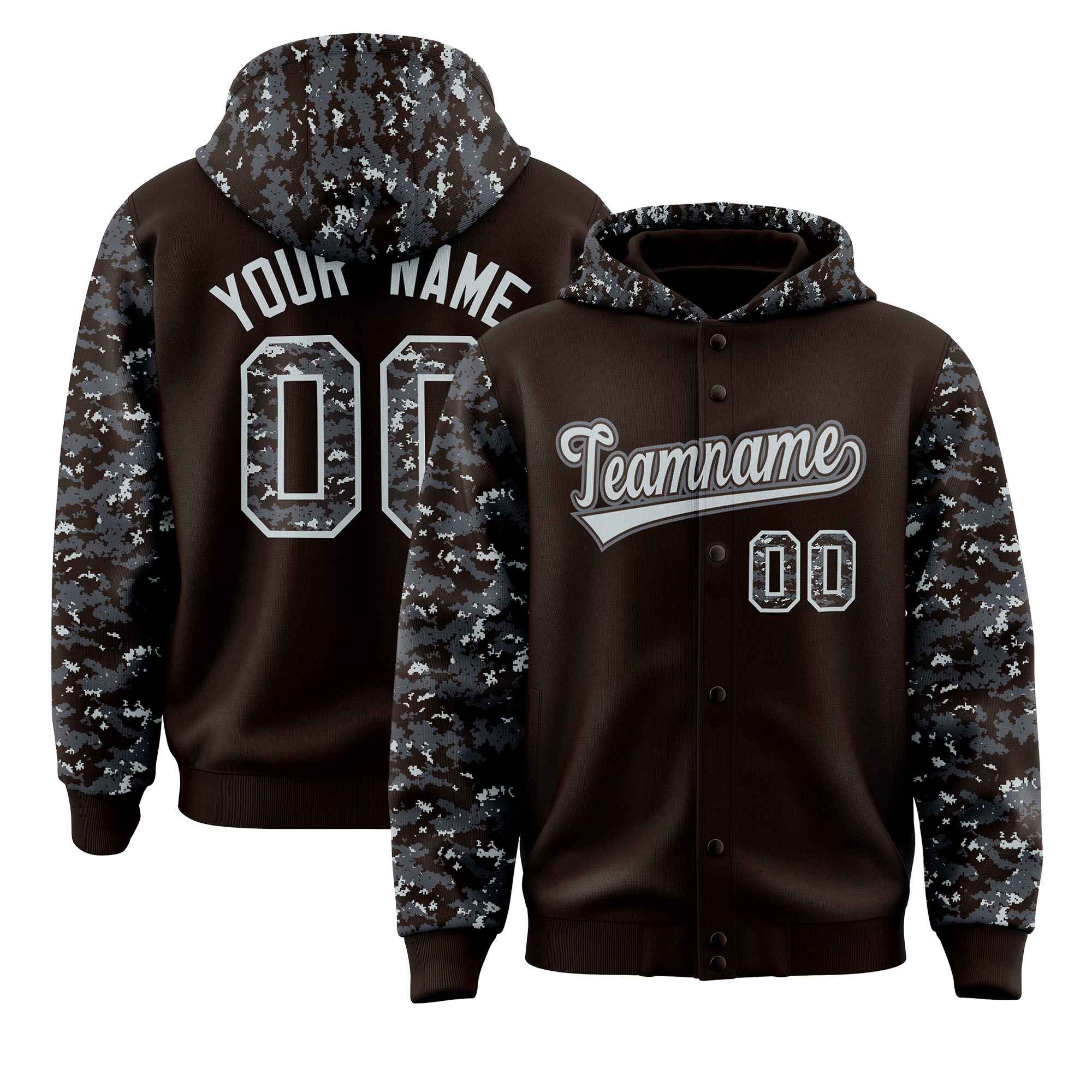 Custom Brown Gray-Silver Raglan Sleeves Varsity Full-Snap Letterman Camo Jacket Hoodie| KXKSHOP