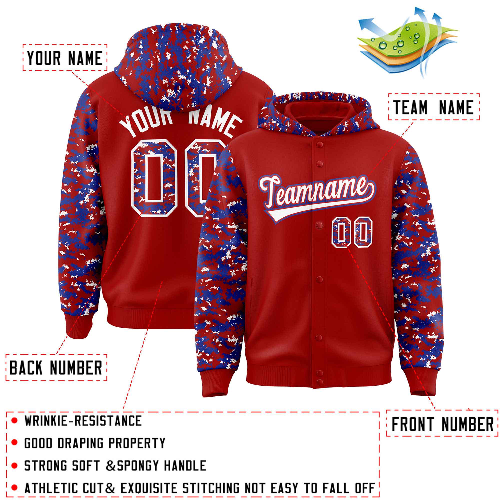 Custom Red Royal-White Raglan Sleeves Varsity Full-Snap Letterman Camo Jacket Hoodie| KXKSHOP