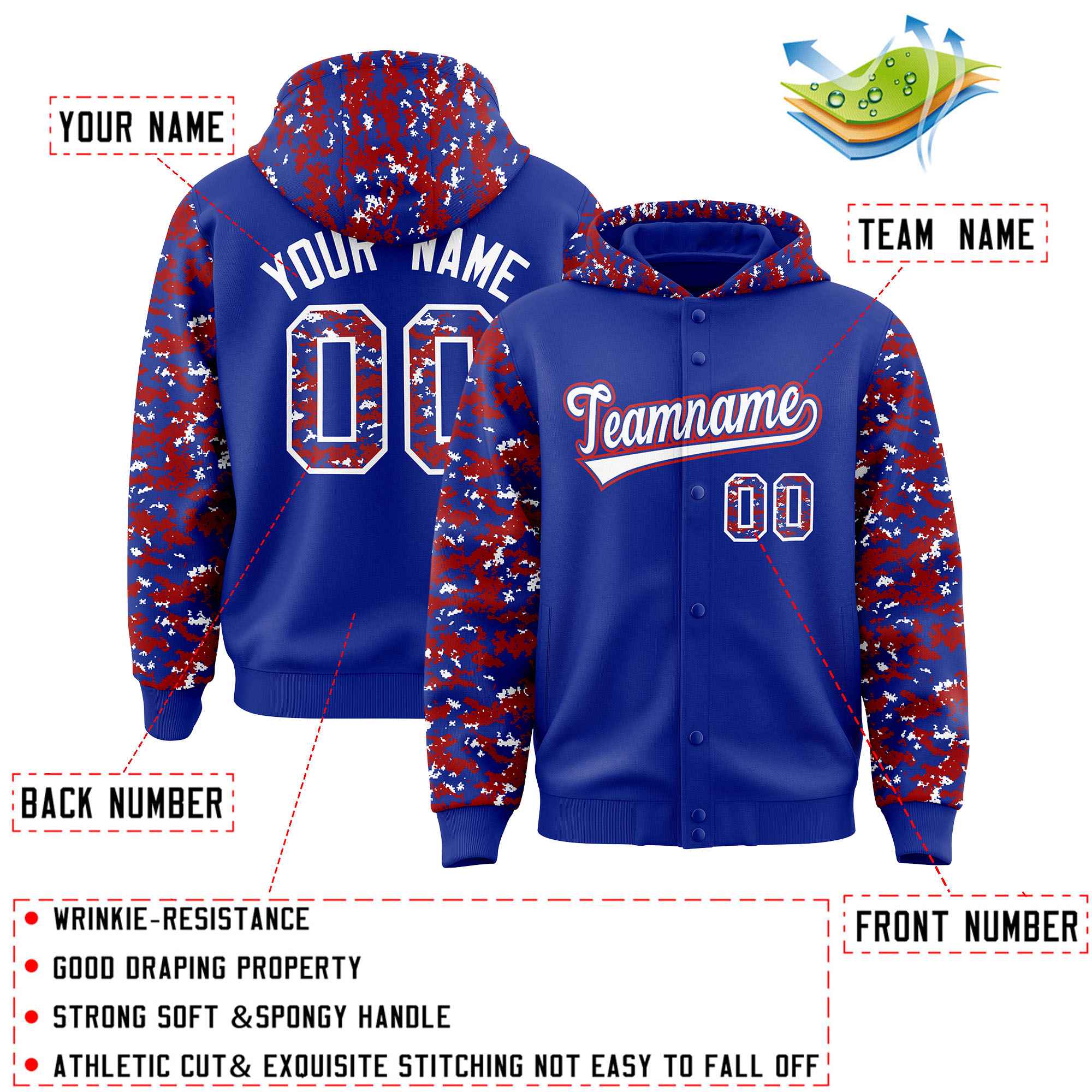 Custom Royal Red-White Raglan Sleeves Varsity Full-Snap Letterman Camo Jacket Hoodie| KXKSHOP
