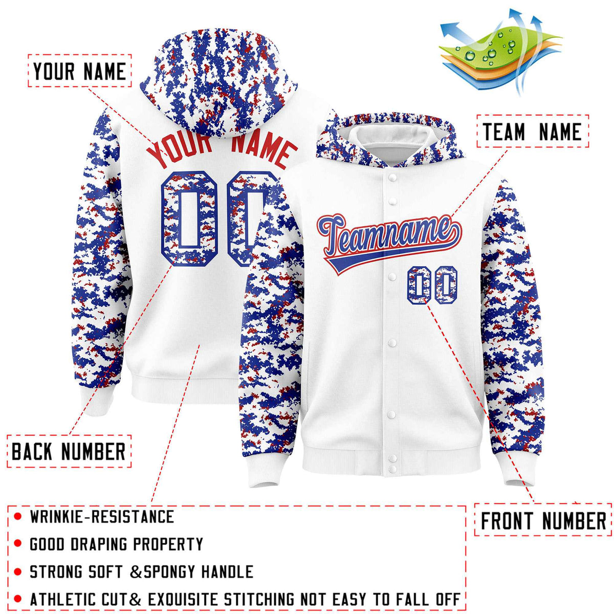 Custom White Royal-Red Raglan Sleeves Varsity Full-Snap Letterman Camo Jacket Hoodie| KXKSHOP