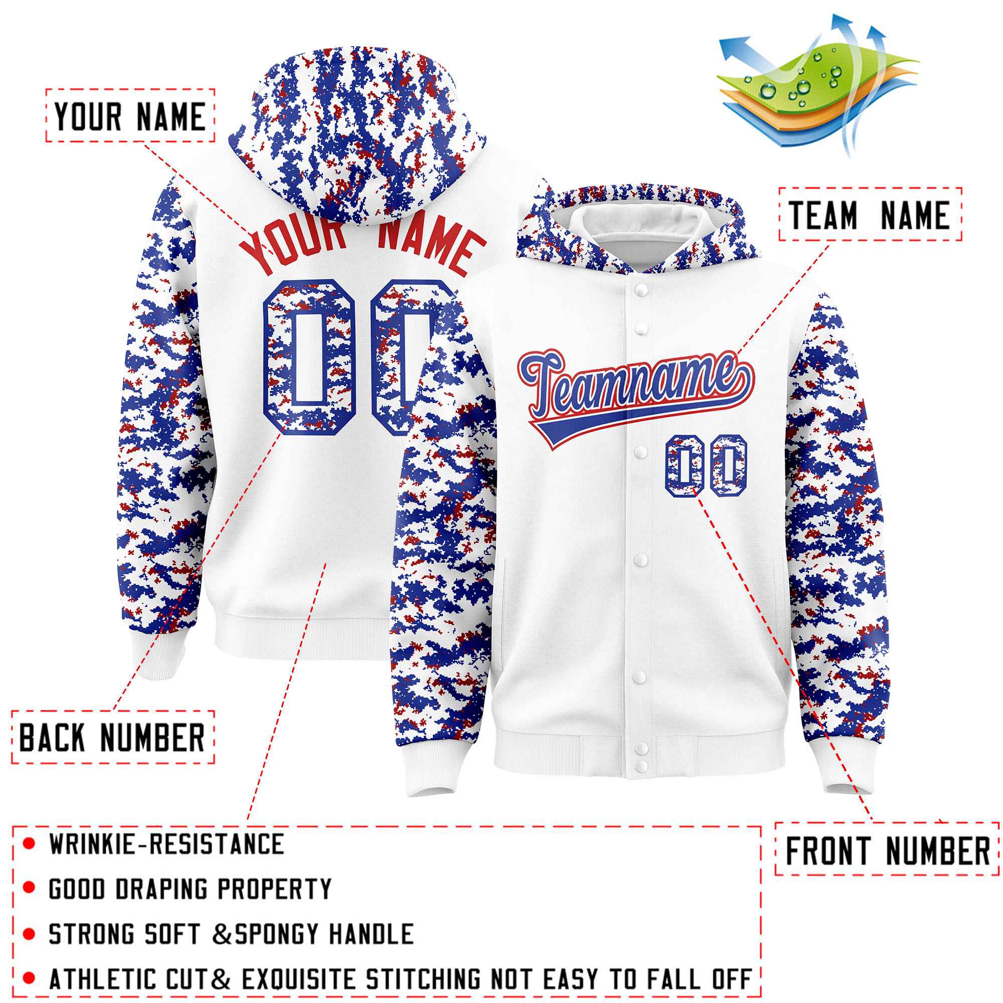 Custom White Royal-Red Raglan Sleeves Varsity Full-Snap Letterman Camo Jacket Hoodie| KXKSHOP