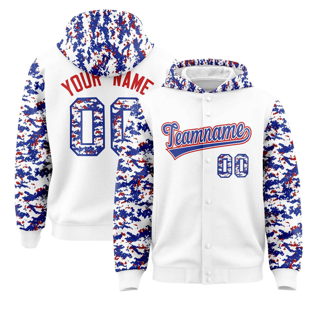 Custom White Royal-Red Raglan Sleeves Varsity Full-Snap Letterman Camo Jacket Hoodie| KXKSHOP