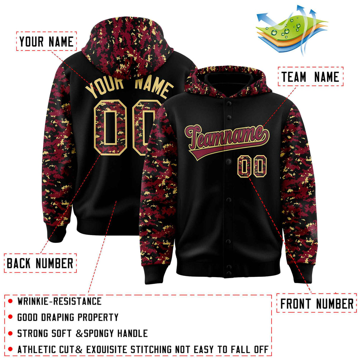 Custom Black Crimson-Khaki Raglan Sleeves Varsity Full-Snap Letterman Camo Jacket Hoodie| KXKSHOP