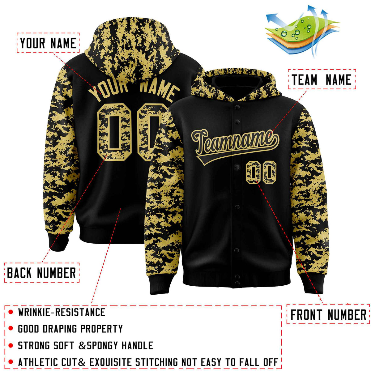 Custom Black Old Gold- Raglan Sleeves Varsity Full-Snap Letterman Camo Jacket Hoodie| KXKSHOP