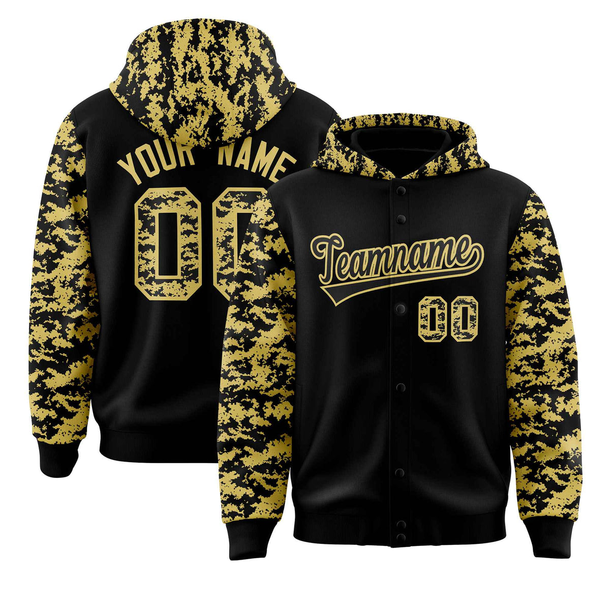 Custom Black Old Gold- Raglan Sleeves Varsity Full-Snap Letterman Camo Jacket Hoodie| KXKSHOP