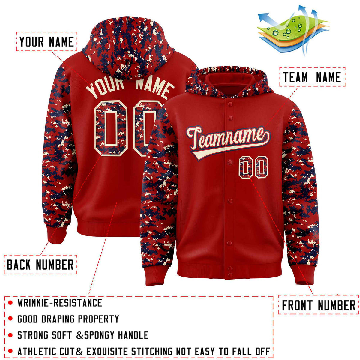 Custom Red Navy-Cream Raglan Sleeves Varsity Full-Snap Letterman Camo Jacket Hoodie| KXKSHOP