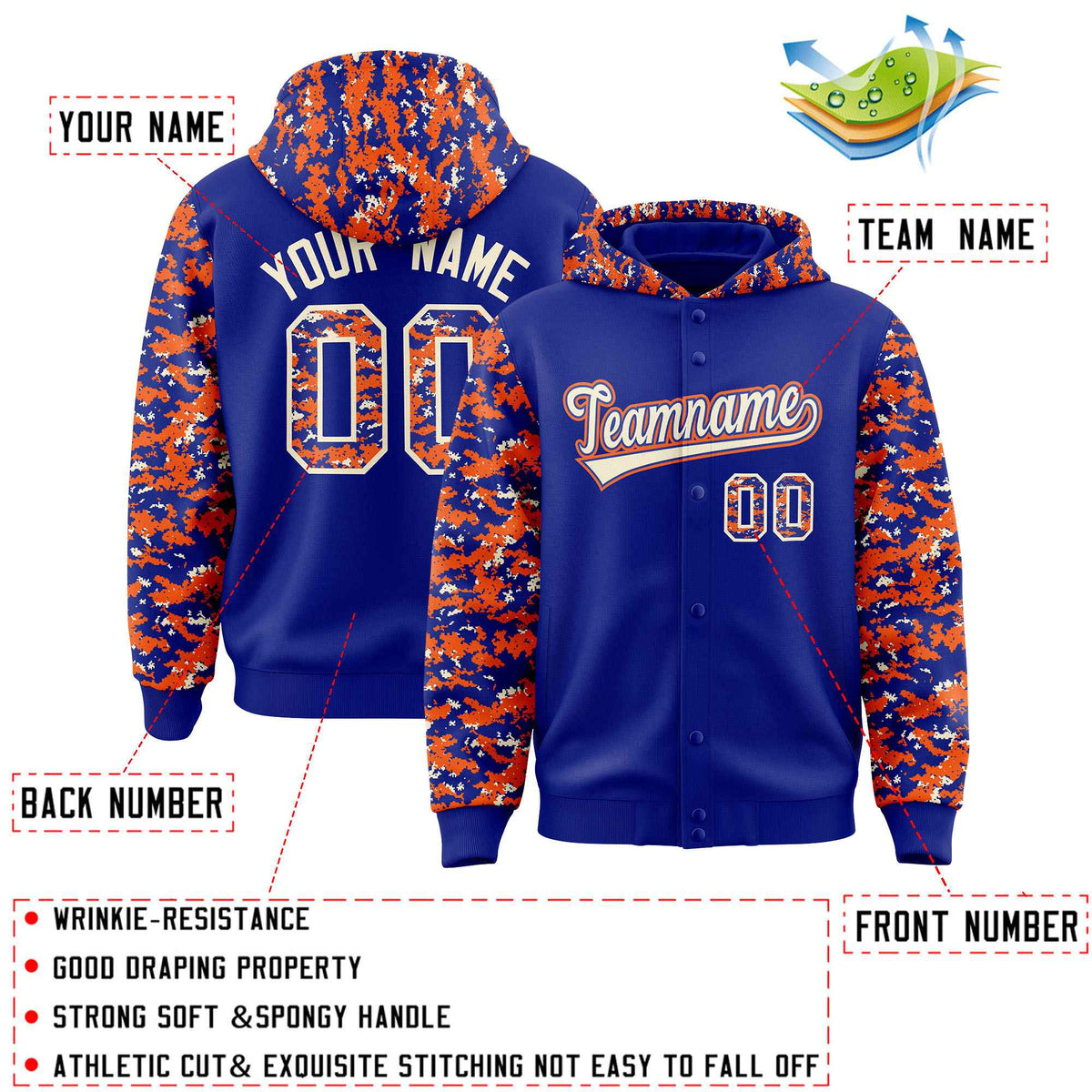 Custom Royal Orange-Cream Raglan Sleeves Varsity Full-Snap Letterman Camo Jacket Hoodie| KXKSHOP