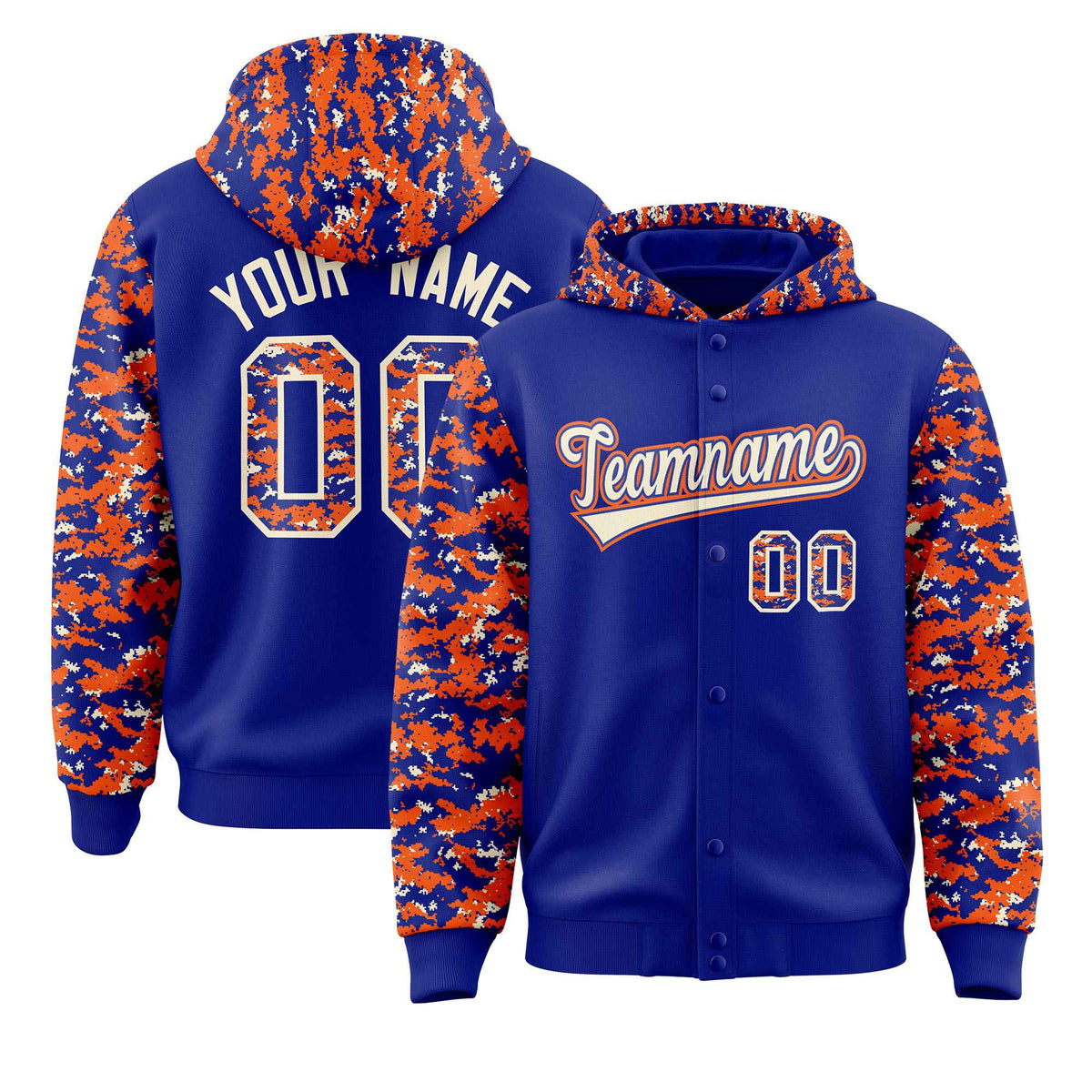 Custom Royal Orange-Cream Raglan Sleeves Varsity Full-Snap Letterman Camo Jacket Hoodie| KXKSHOP