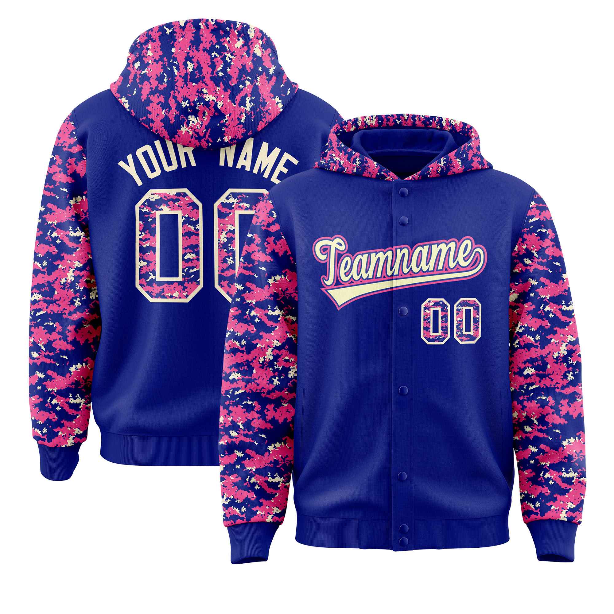 Custom Royal Pink-Cream Raglan Sleeves Varsity Full-Snap Letterman Camo Jacket Hoodie| KXKSHOP