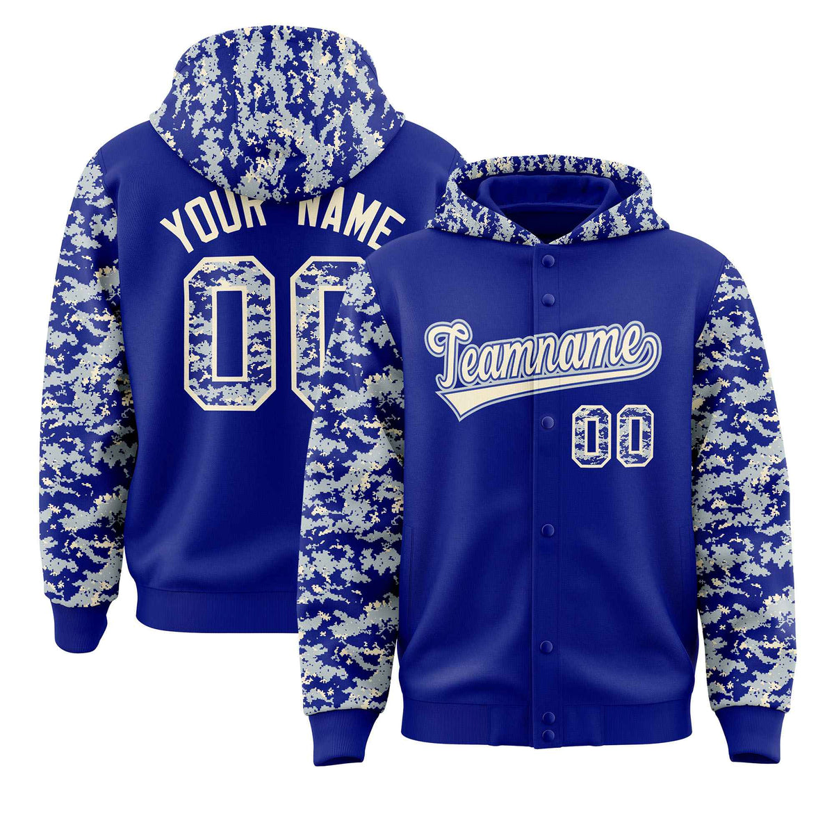 Custom Royal Silver-Cream Raglan Sleeves Varsity Full-Snap Letterman Camo Jacket Hoodie| KXKSHOP