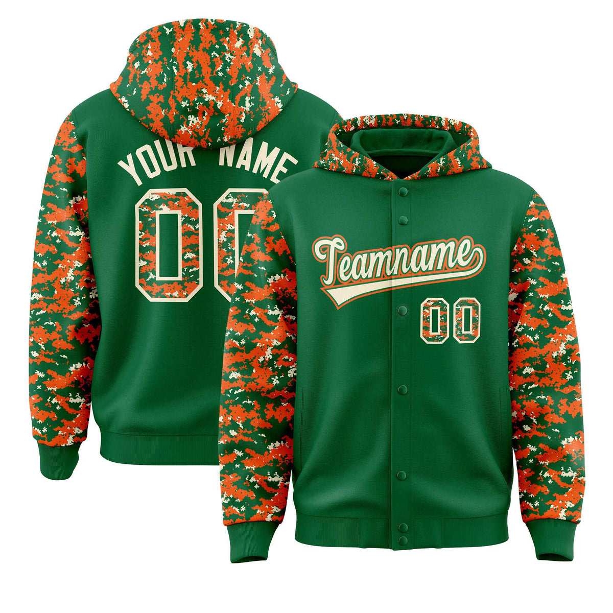 Custom Kelly Green Orange-Cream Raglan Sleeves Varsity Full-Snap Letterman Camo Jacket Hoodie| KXKSHOP