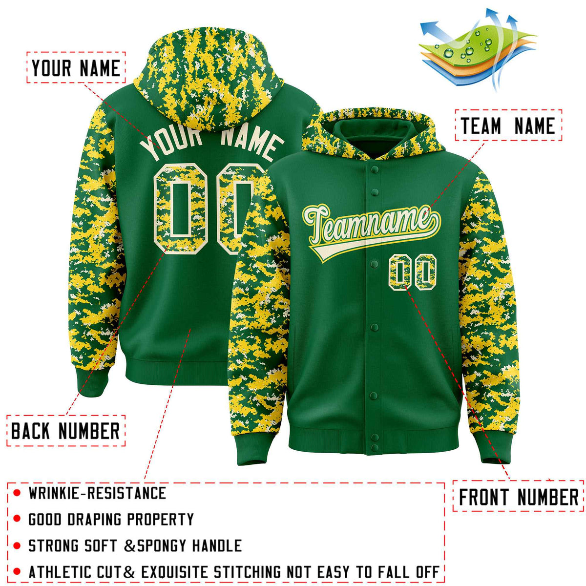 Custom Kelly Green Gold-Cream Raglan Sleeves Varsity Full-Snap Letterman Camo Jacket Hoodie| KXKSHOP