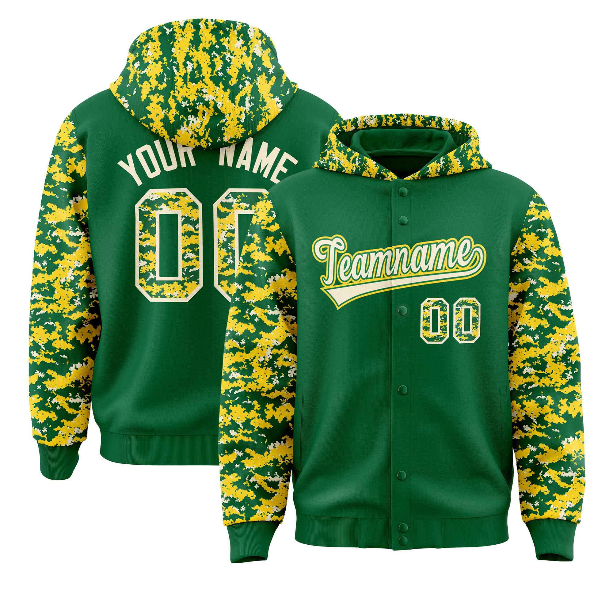 Custom Kelly Green Gold-Cream Raglan Sleeves Varsity Full-Snap Letterman Camo Jacket Hoodie| KXKSHOP