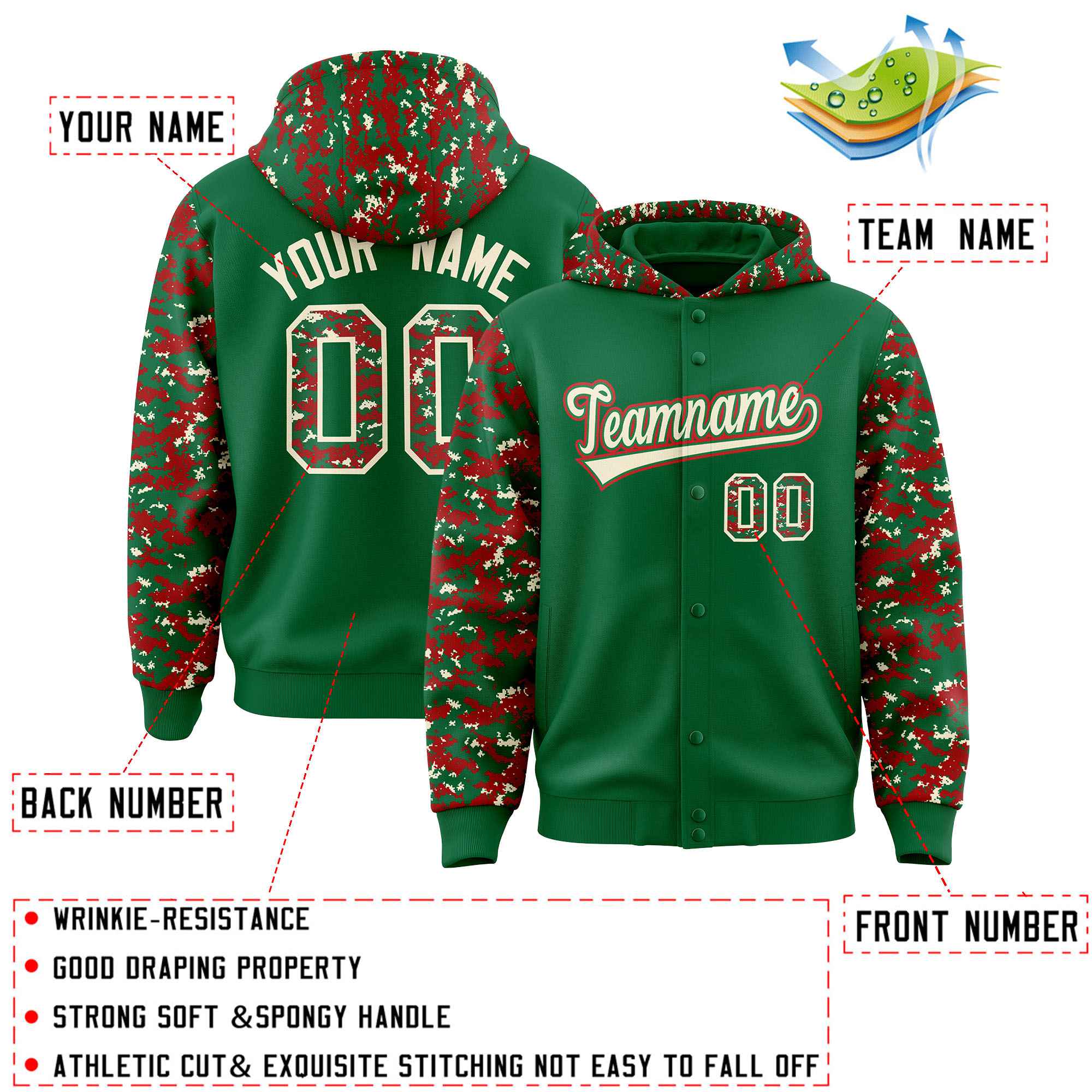 Custom Kelly Green Red-Cream Raglan Sleeves Varsity Full-Snap Letterman Camo Jacket Hoodie| KXKSHOP