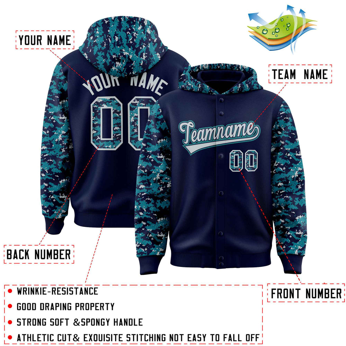 Custom Navy Aqua-Silver Raglan Sleeves Varsity Full-Snap Letterman Camo Jacket Hoodie| KXKSHOP