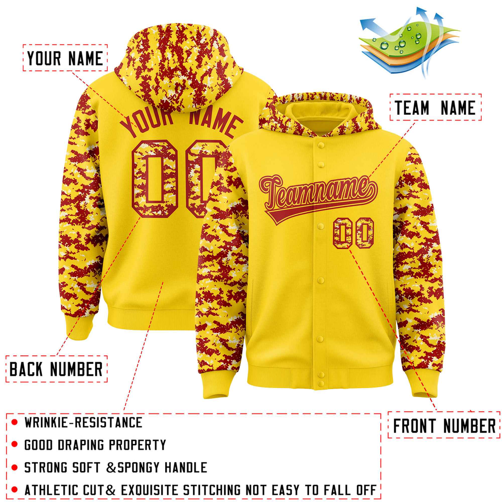 Custom Gold Red-Cream Raglan Sleeves Varsity Full-Snap Letterman Camo Jacket Hoodie| KXKSHOP