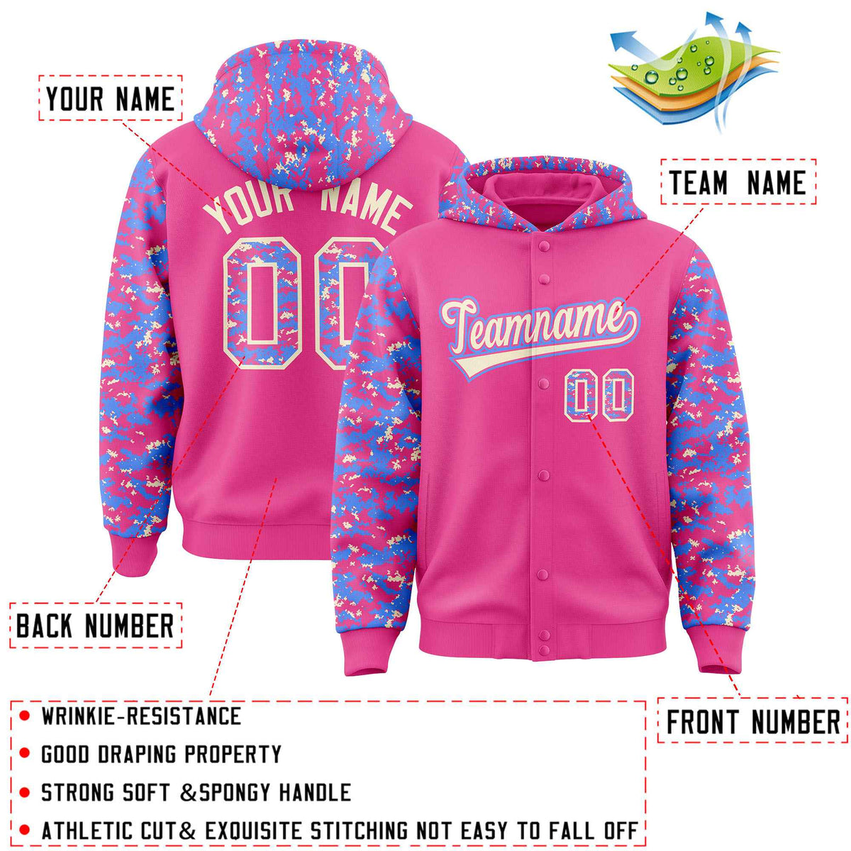 Custom Pink Powder Blue-Cream Raglan Sleeves Varsity Full-Snap Letterman Camo Jacket Hoodie| KXKSHOP