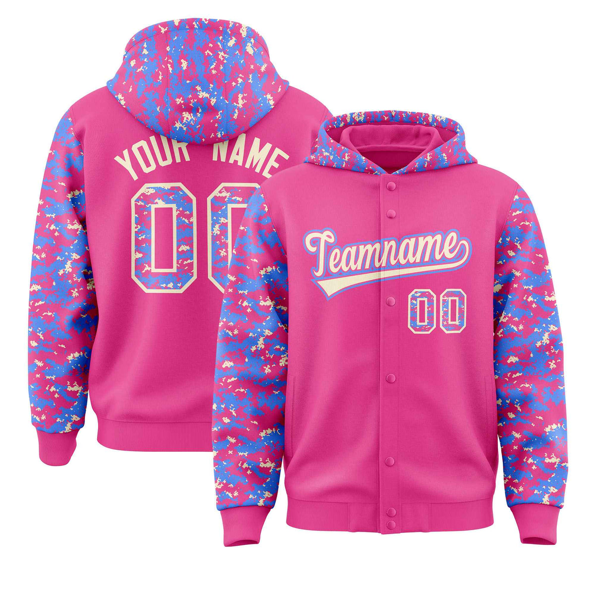 Custom Pink Powder Blue-Cream Raglan Sleeves Varsity Full-Snap Letterman Camo Jacket Hoodie| KXKSHOP