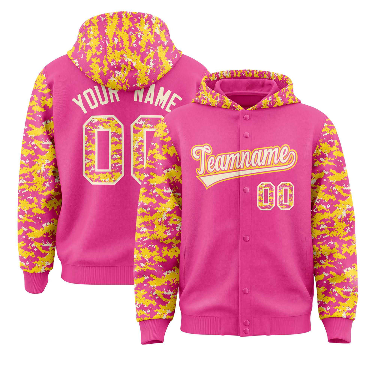 Custom Pink Gold-Cream Raglan Sleeves Varsity Full-Snap Letterman Camo Jacket Hoodie| KXKSHOP
