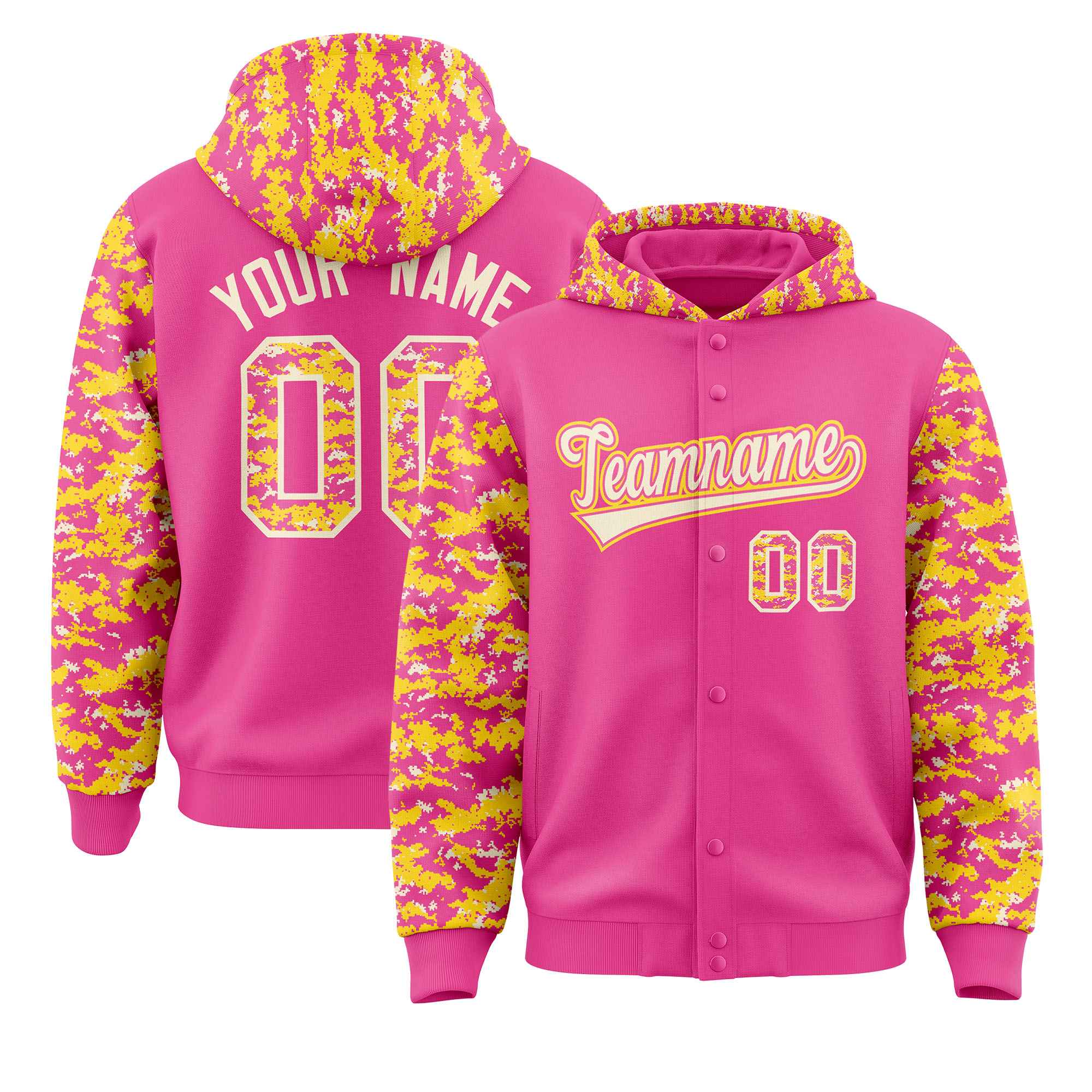 Custom Pink Gold-Cream Raglan Sleeves Varsity Full-Snap Letterman Camo Jacket Hoodie| KXKSHOP