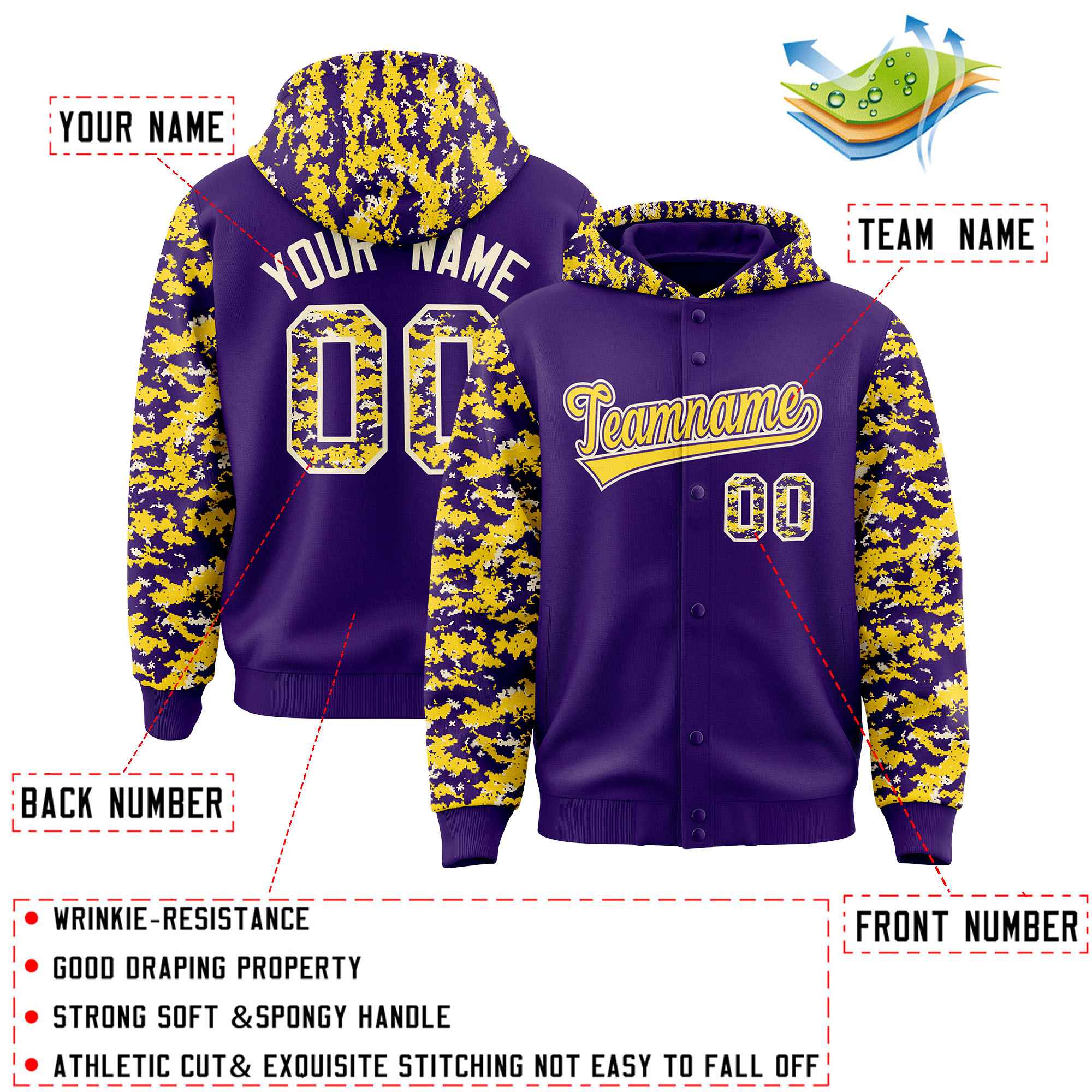 Custom Purple Gold-Cream Raglan Sleeves Varsity Full-Snap Letterman Camo Jacket Hoodie| KXKSHOP