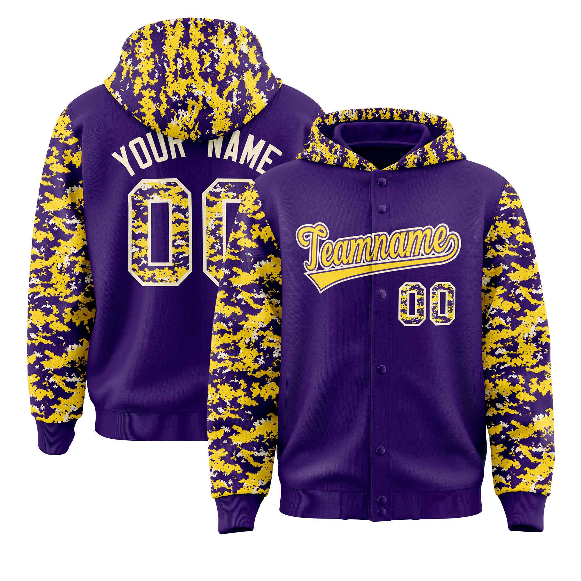 Custom Purple Gold-Cream Raglan Sleeves Varsity Full-Snap Letterman Camo Jacket Hoodie| KXKSHOP