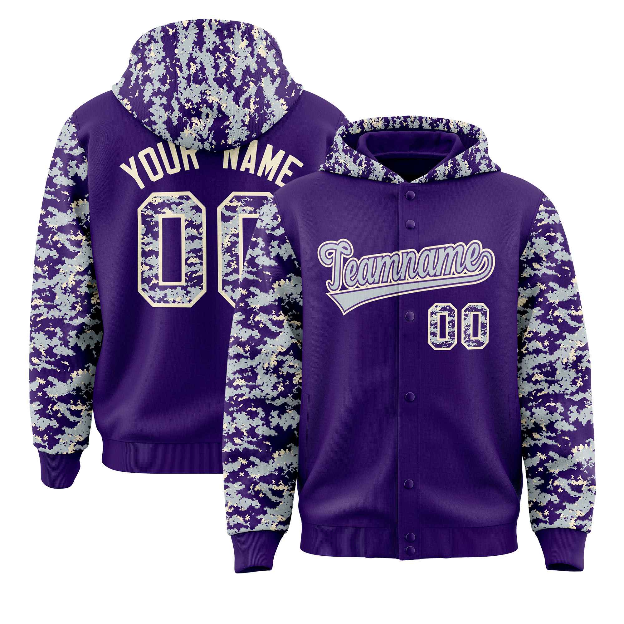 Custom Purple Silver-Cream Raglan Sleeves Varsity Full-Snap Letterman Camo Jacket Hoodie| KXKSHOP