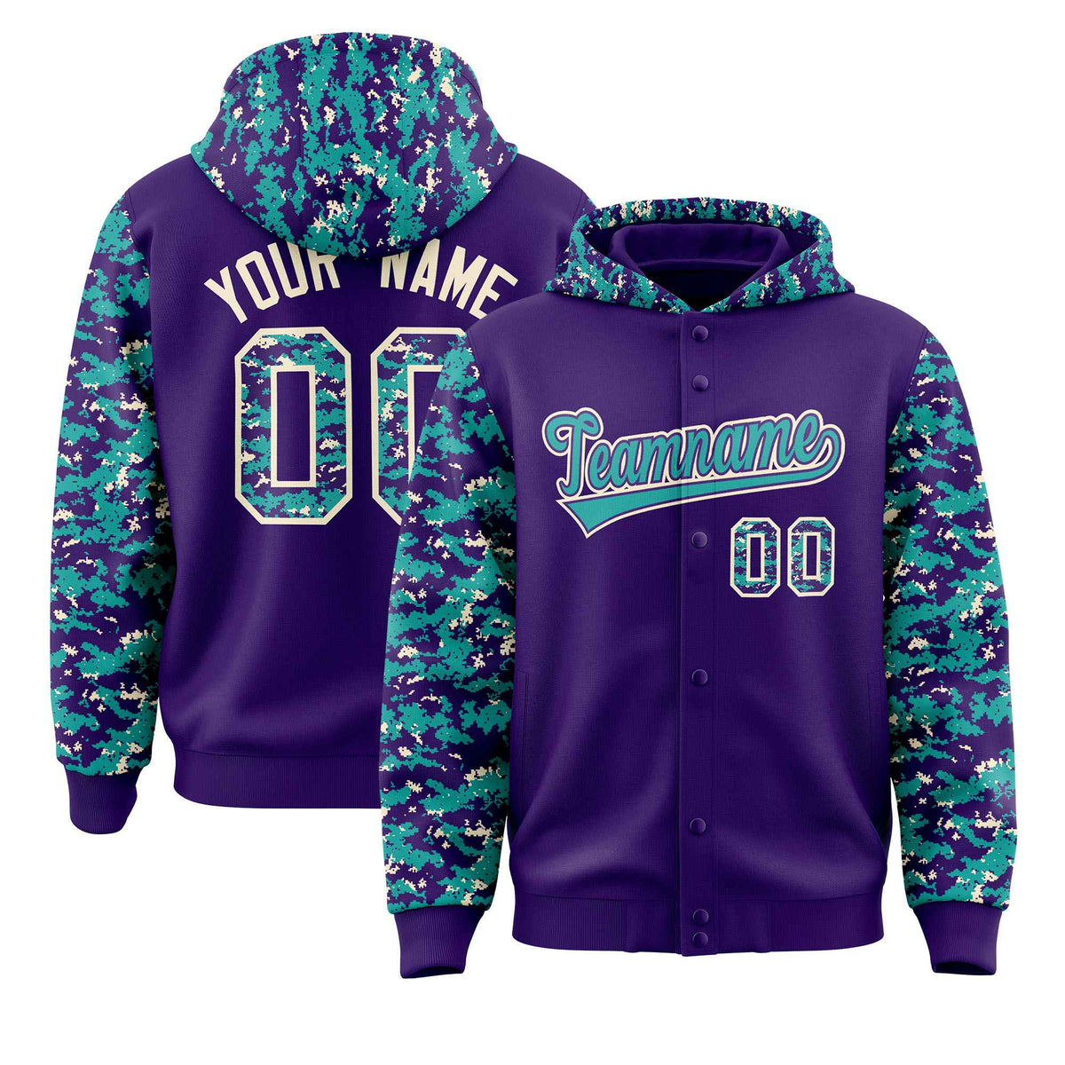 Custom Purple Aqua-Cream Raglan Sleeves Varsity Full-Snap Letterman Camo Jacket Hoodie| KXKSHOP