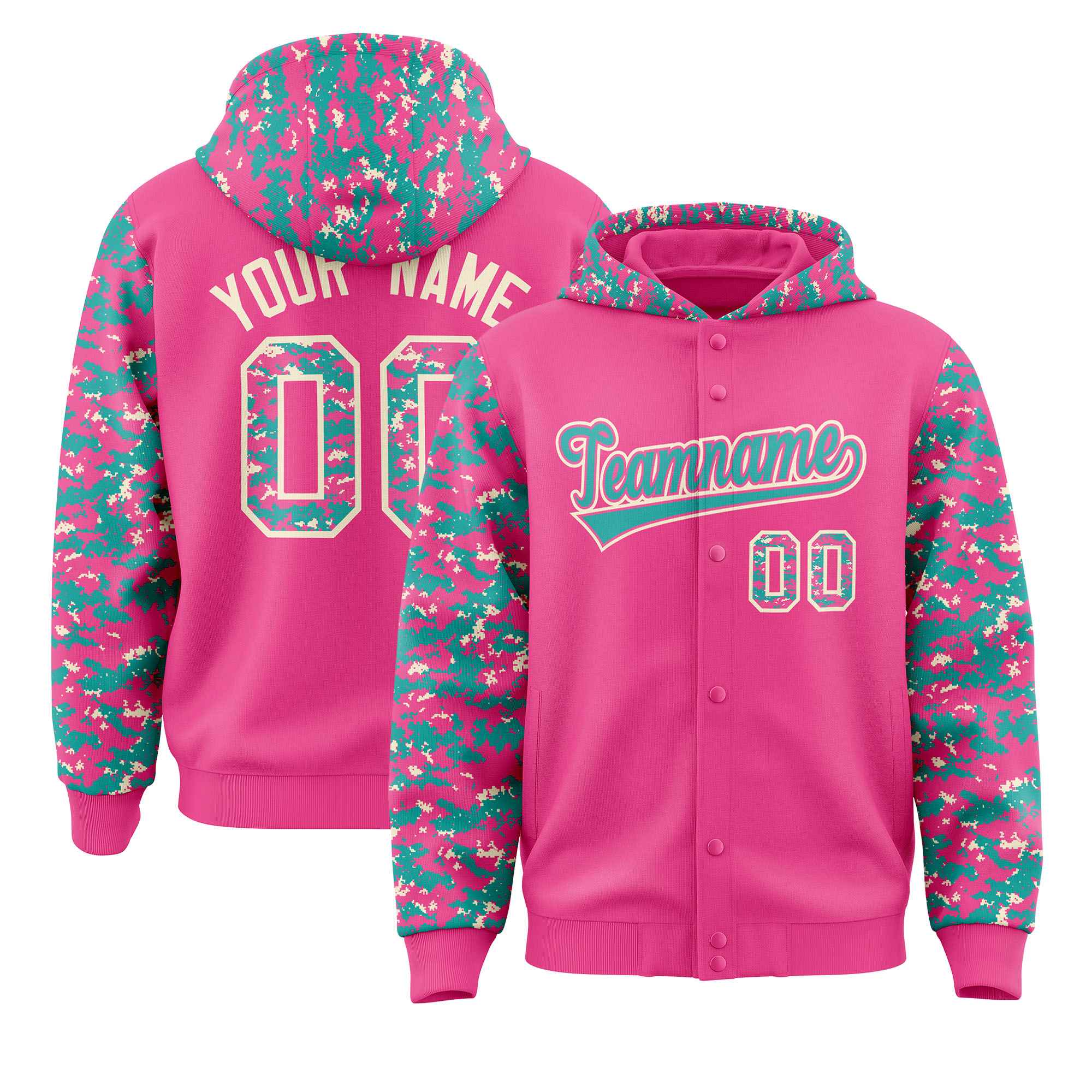 Custom Pink Aqua-Cream Raglan Sleeves Varsity Full-Snap Letterman Camo Jacket Hoodie| KXKSHOP