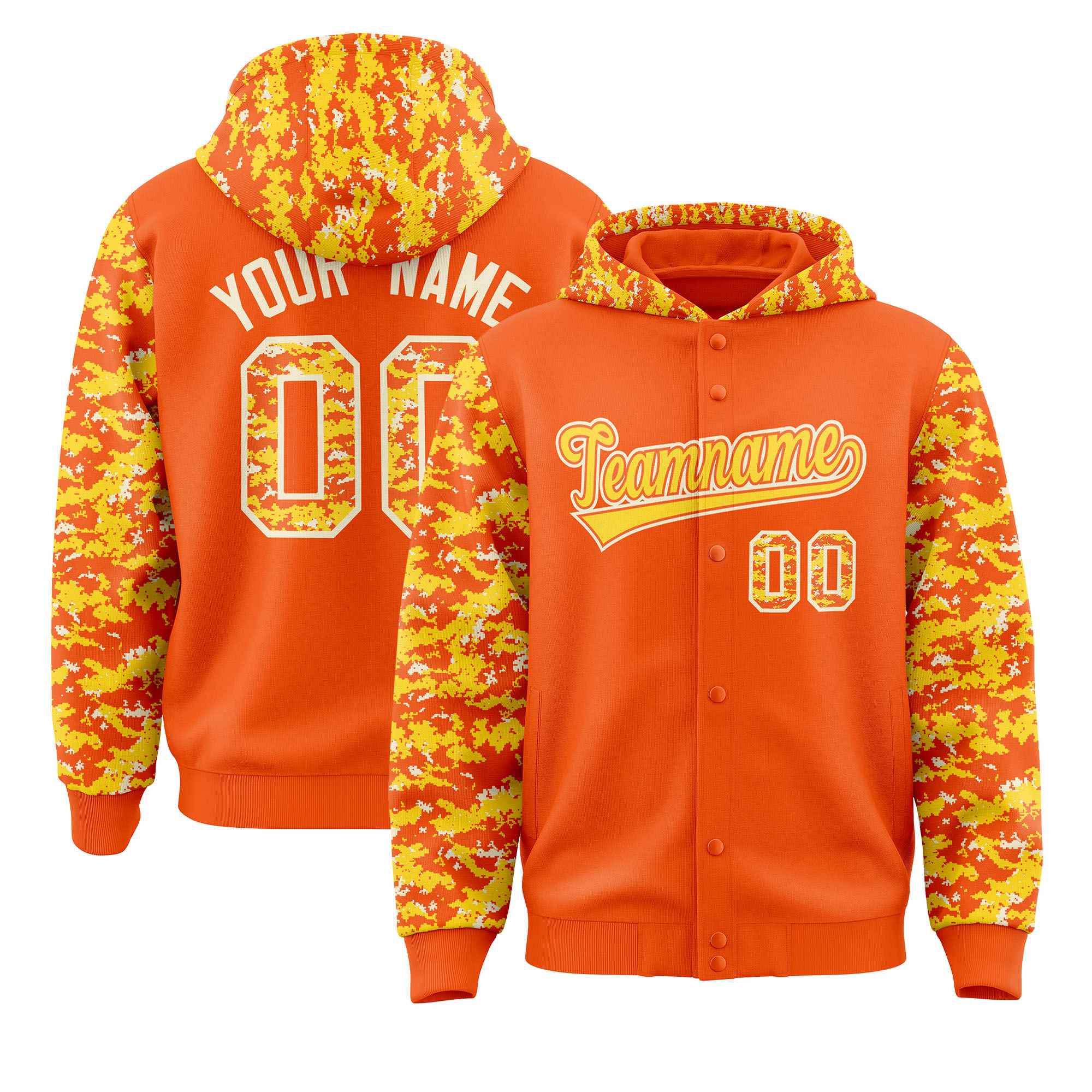 Custom Orange Gold-Cream Raglan Sleeves Varsity Full-Snap Letterman Camo Jacket Hoodie| KXKSHOP
