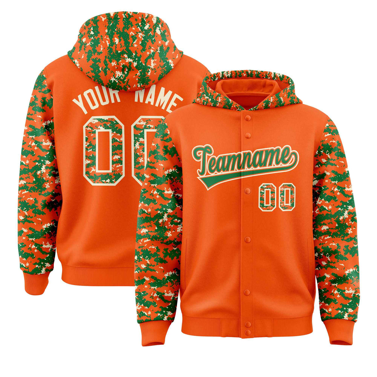 Custom Orange Kelly Green-Cream Raglan Sleeves Varsity Full-Snap Letterman Camo Jacket Hoodie| KXKSHOP