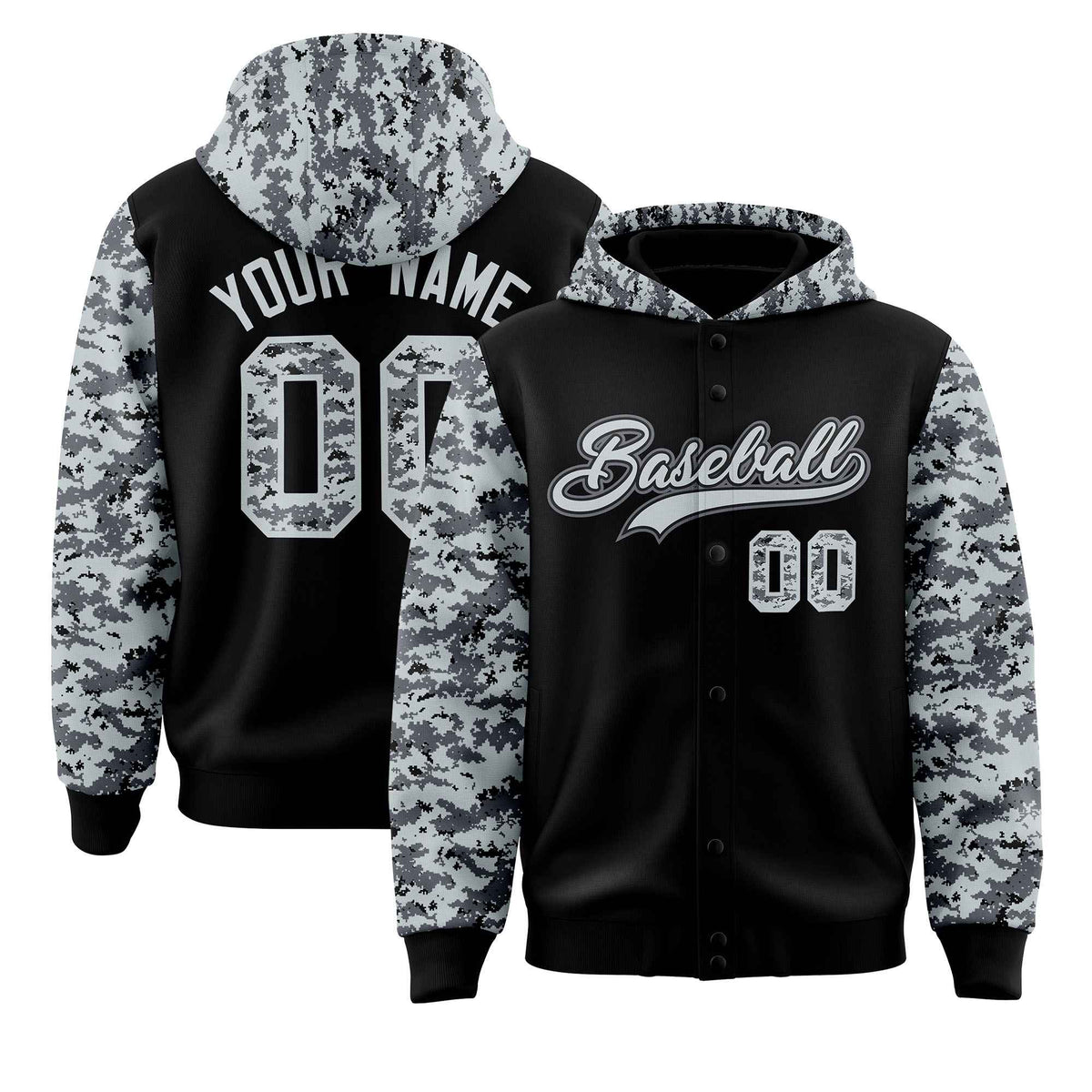 Custom Black Silver-Gray Raglan Sleeves Varsity Full-Snap Letterman Camo Jacket Hoodie| KXKSHOP