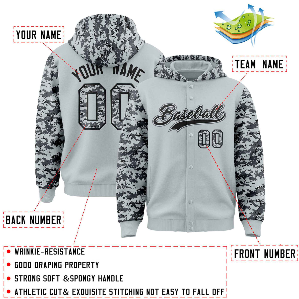 Custom Silver Gray-Black Raglan Sleeves Varsity Full-Snap Letterman Camo Jacket Hoodie| KXKSHOP