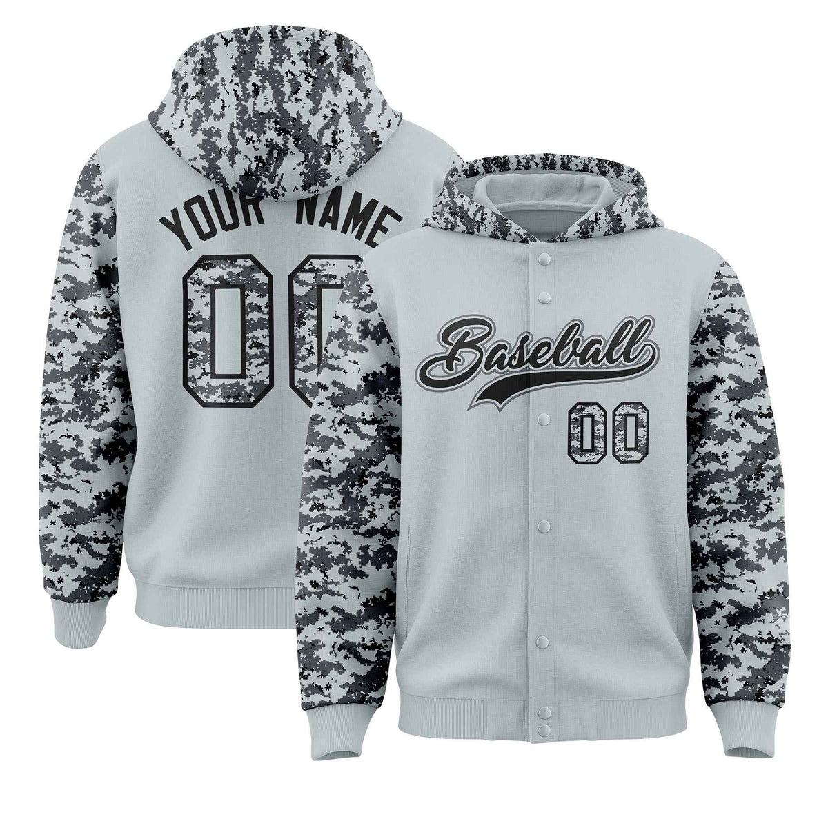 Custom Silver Gray-Black Raglan Sleeves Varsity Full-Snap Letterman Camo Jacket Hoodie| KXKSHOP