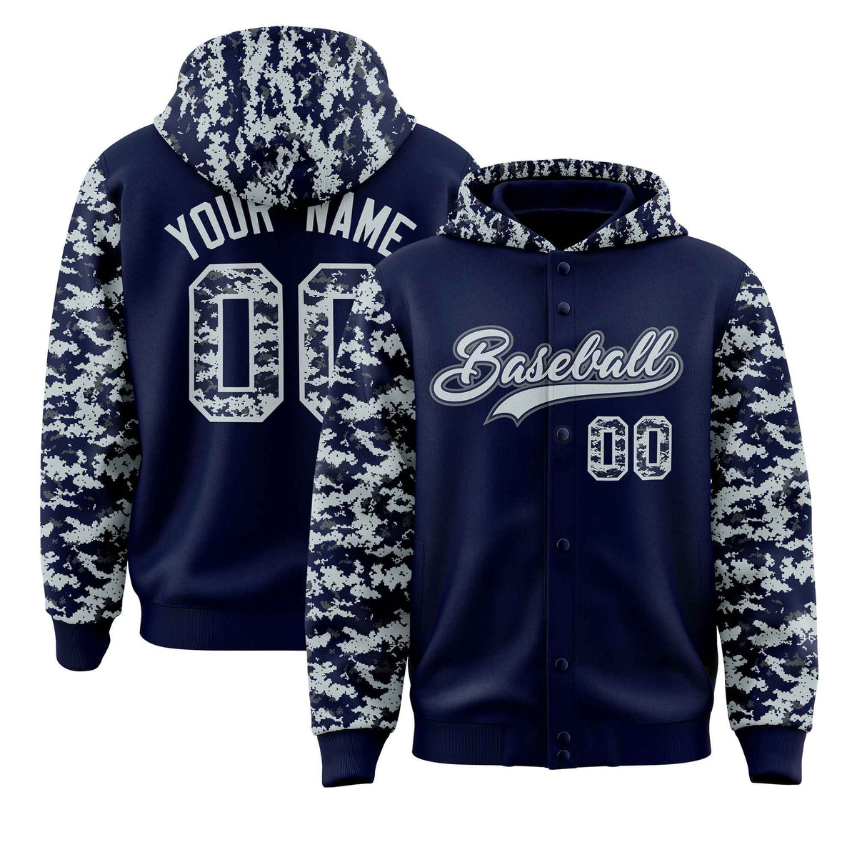 Custom Navy Silver-Gray Raglan Sleeves Varsity Full-Snap Letterman Camo Jacket Hoodie| KXKSHOP