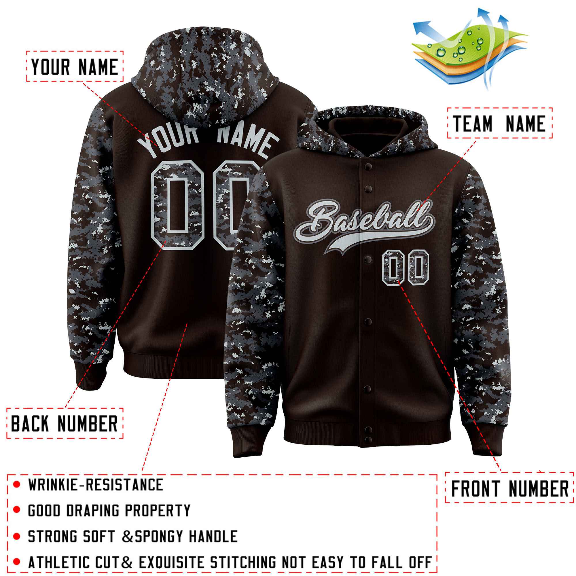 Custom Brown Gray-Silver Raglan Sleeves Varsity Full-Snap Letterman Camo Jacket Hoodie| KXKSHOP