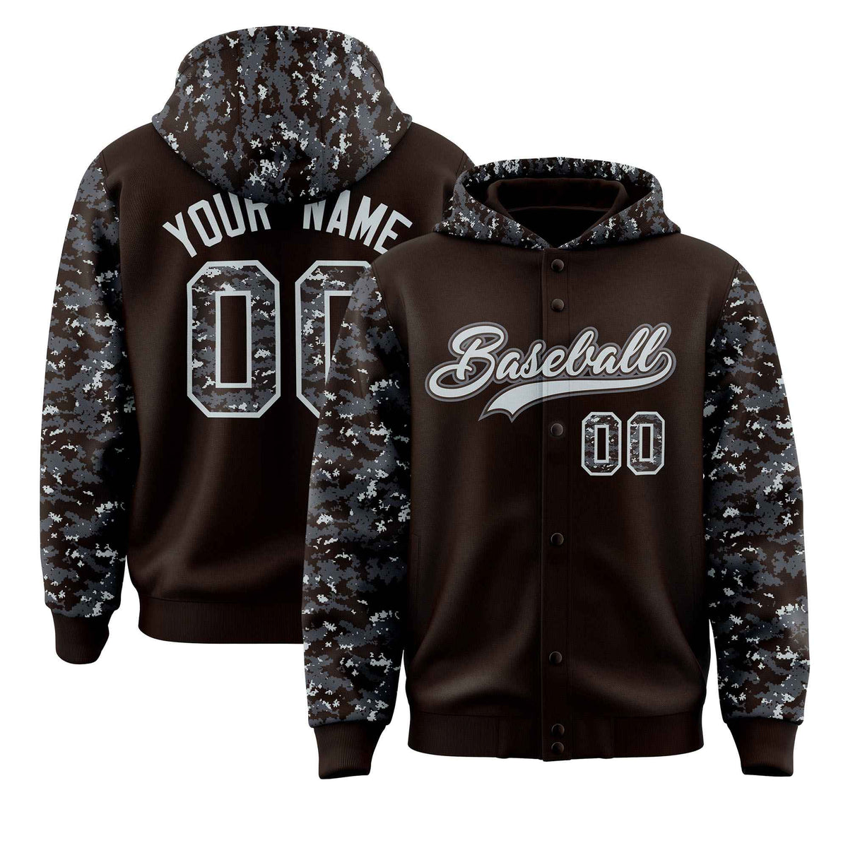 Custom Brown Gray-Silver Raglan Sleeves Varsity Full-Snap Letterman Camo Jacket Hoodie| KXKSHOP