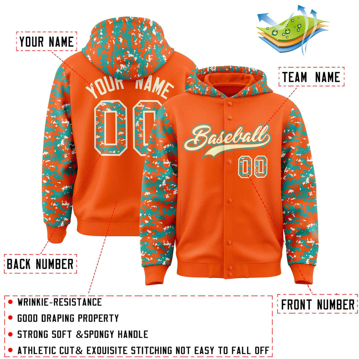 Custom Orange Aqua-Cream Raglan Sleeves Varsity Full-Snap Letterman Camo Jacket Hoodie| KXKSHOP