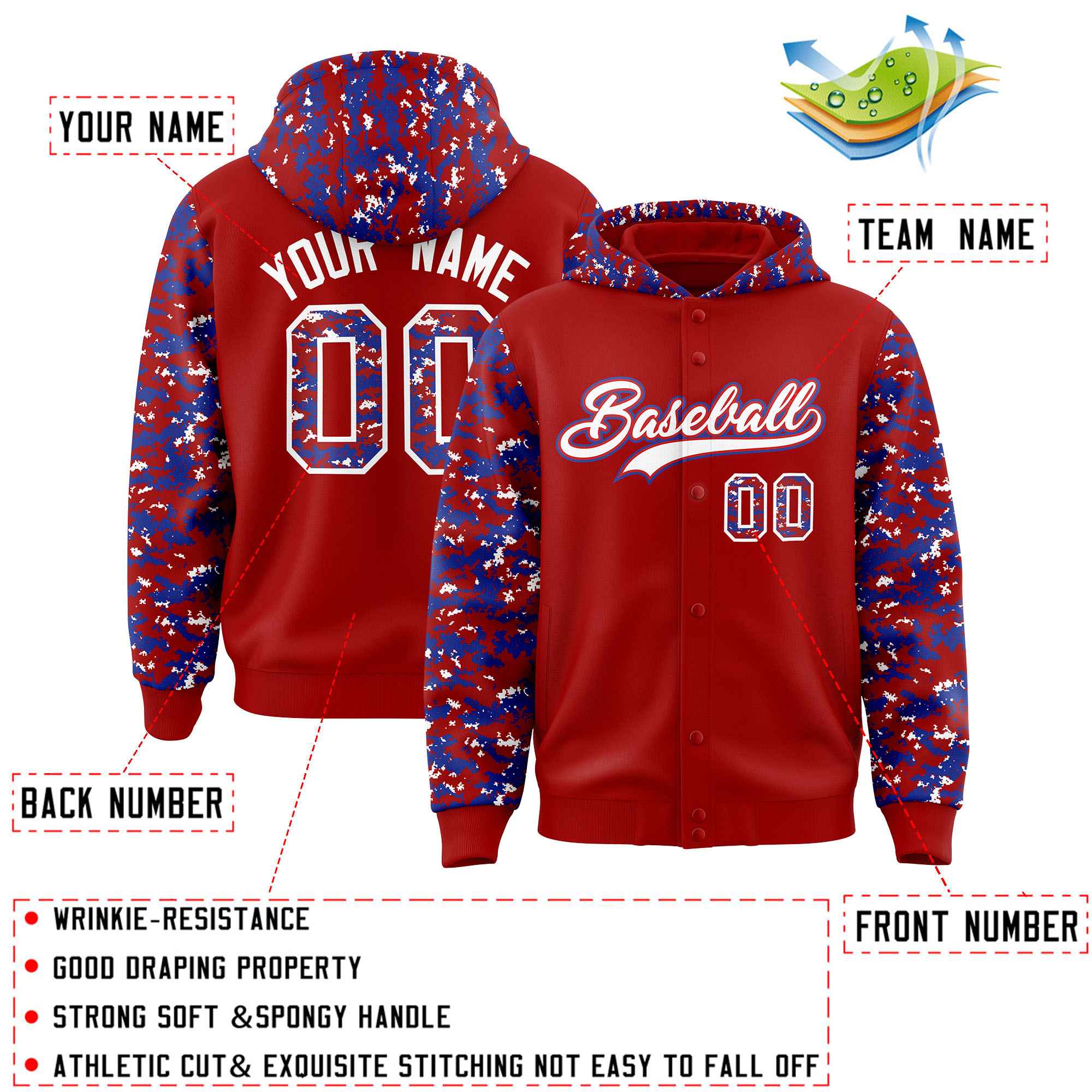 Custom Red Royal-White Raglan Sleeves Varsity Full-Snap Letterman Camo Jacket Hoodie| KXKSHOP