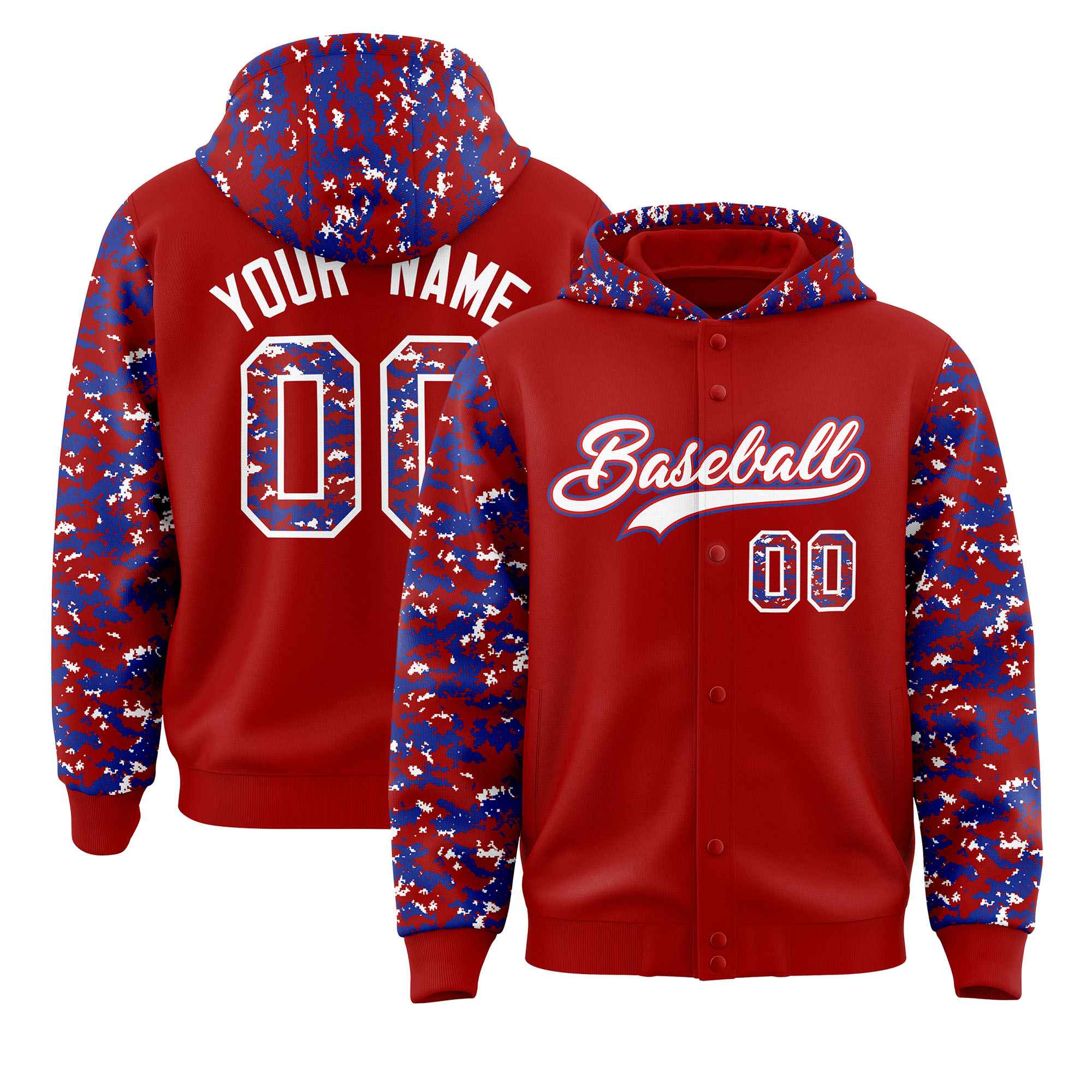 Custom Red Royal-White Raglan Sleeves Varsity Full-Snap Letterman Camo Jacket Hoodie| KXKSHOP