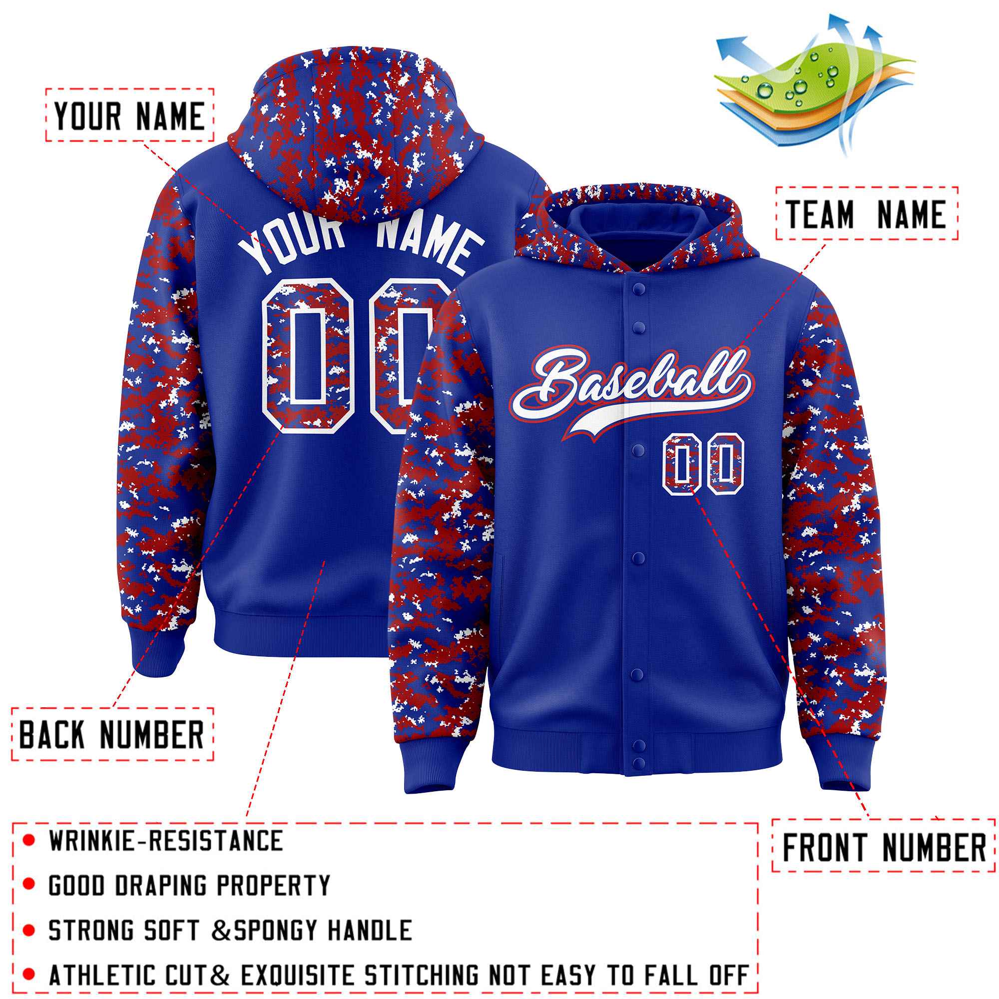 Custom Royal Red-White Raglan Sleeves Varsity Full-Snap Letterman Camo Jacket Hoodie| KXKSHOP