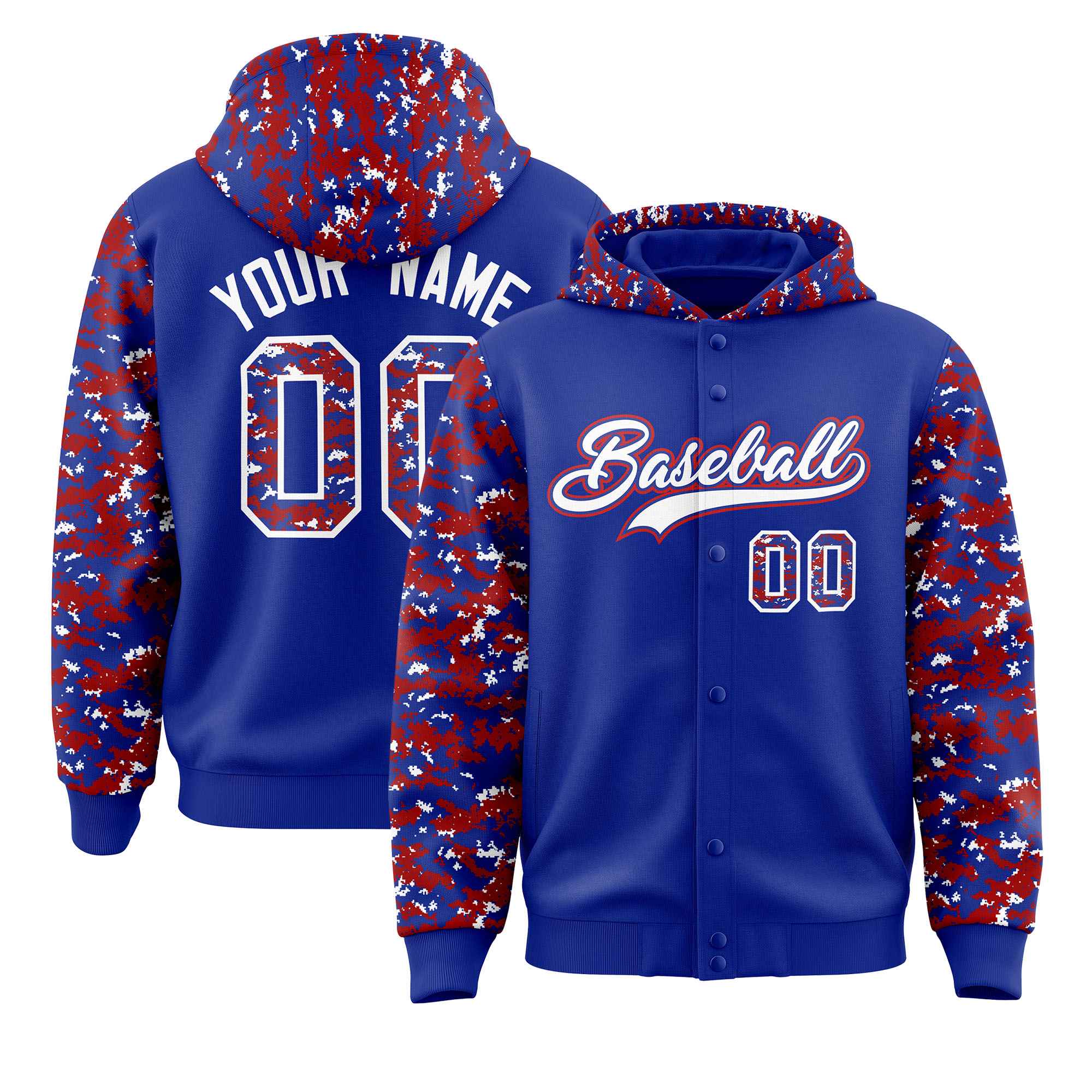 Custom Royal Red-White Raglan Sleeves Varsity Full-Snap Letterman Camo Jacket Hoodie| KXKSHOP