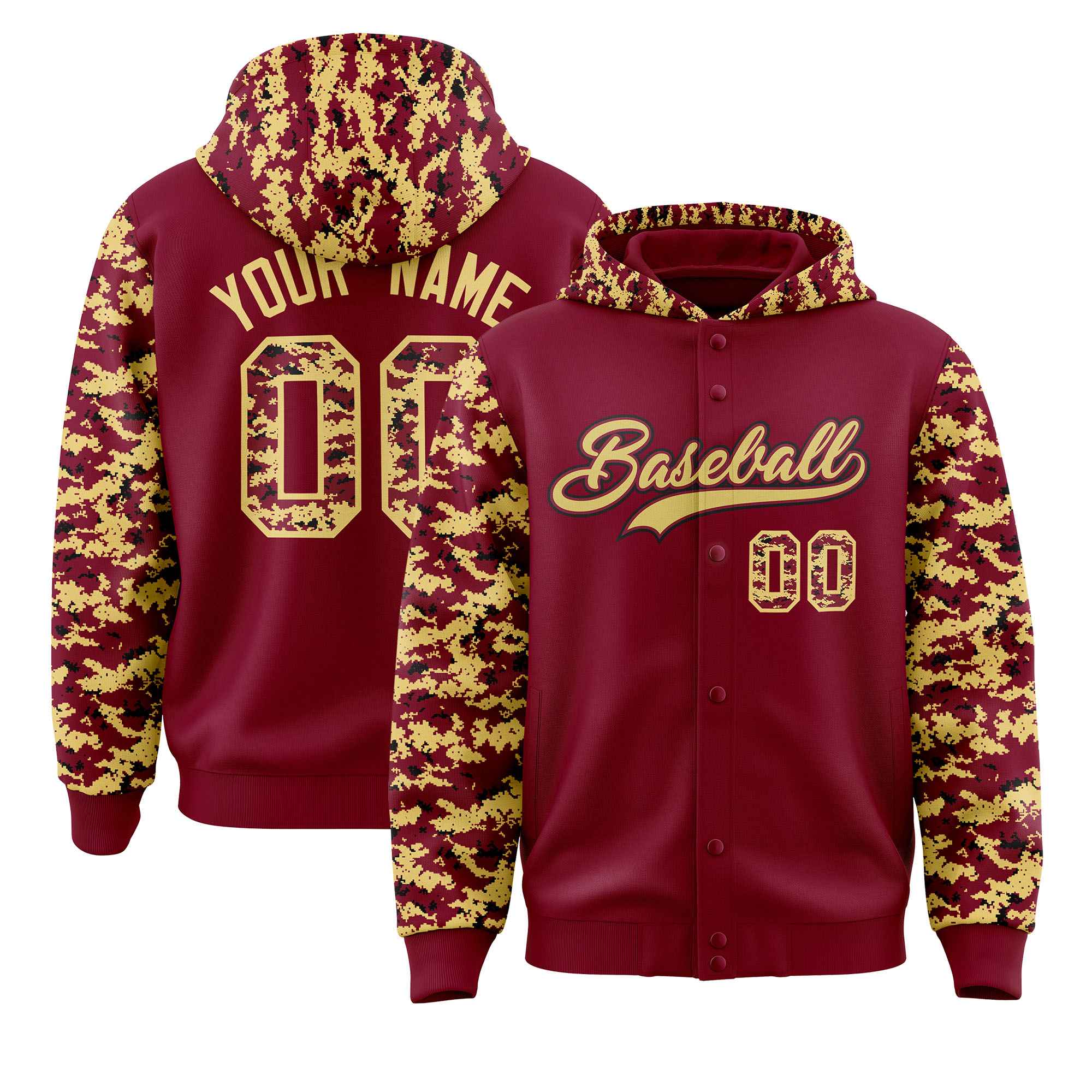 Custom Crimson Khaki-Black Raglan Sleeves Varsity Full-Snap Letterman Camo Jacket Hoodie| KXKSHOP