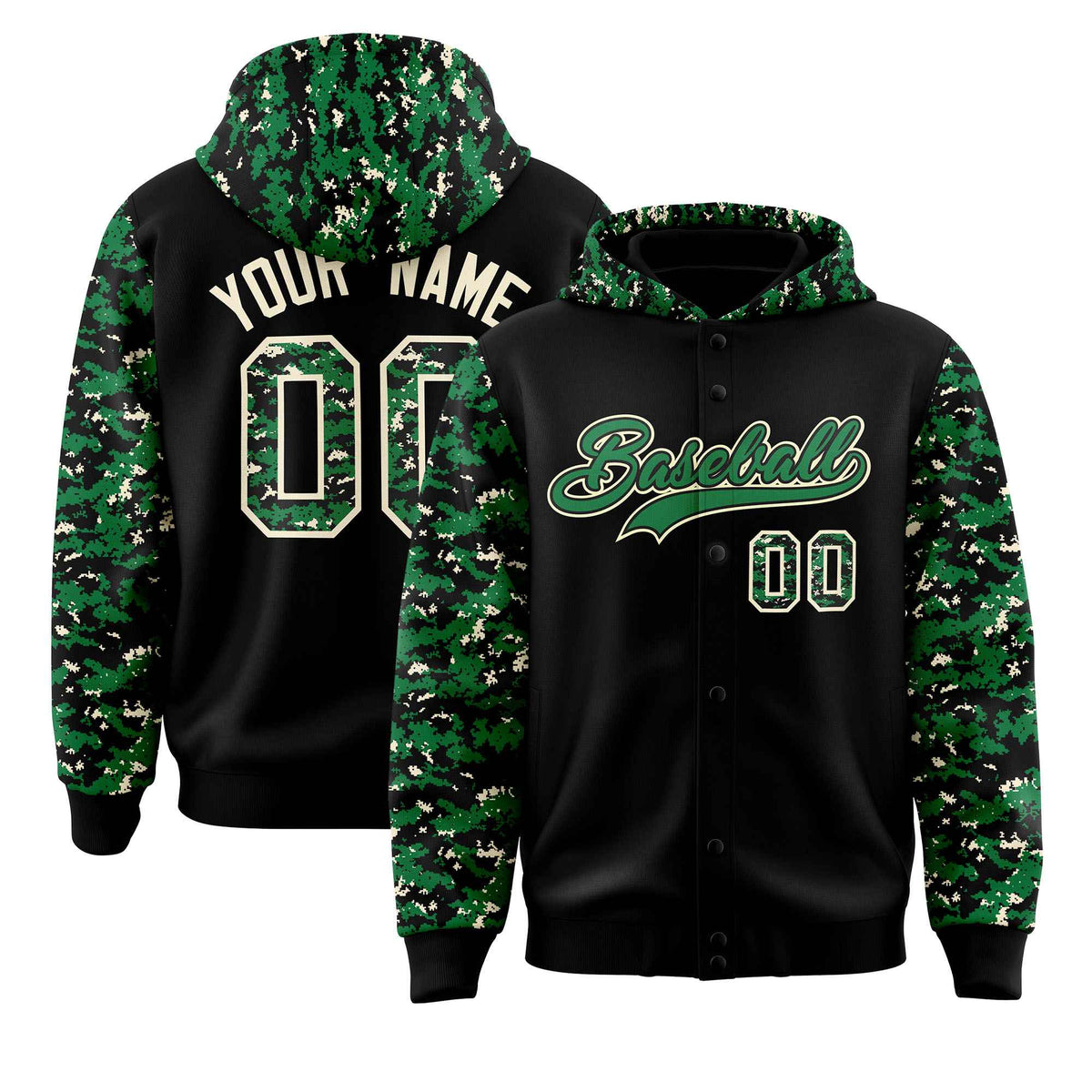 Custom Black Kelly Green-Cream Raglan Sleeves Varsity Full-Snap Letterman Camo Jacket Hoodie| KXKSHOP
