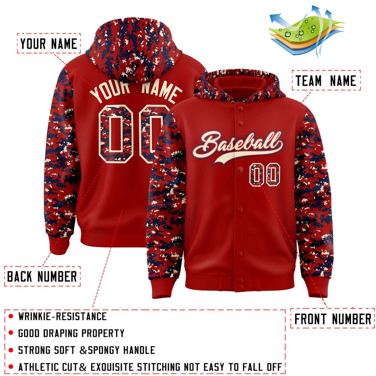 Custom Red Navy-Cream Raglan Sleeves Varsity Full-Snap Letterman Camo Jacket Hoodie| KXKSHOP